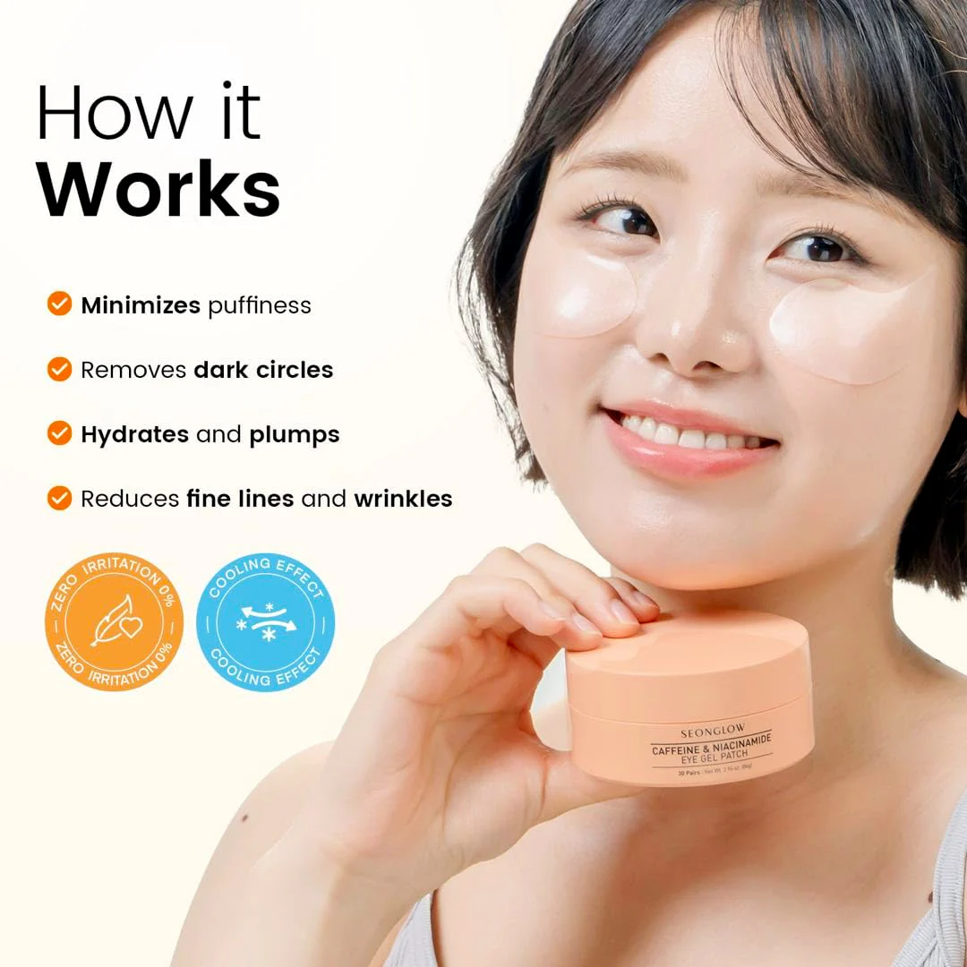 SEONGLOW Caffeine Under Eye Patches: 30 Pairs Korean Hydrogel Eye Masks for Dark Circles Puffiness Relief with Niacinamide Hyaluronic Acid - Undereye Brightening Hydrating Anti-Wrinkle Treatment - Image 2
