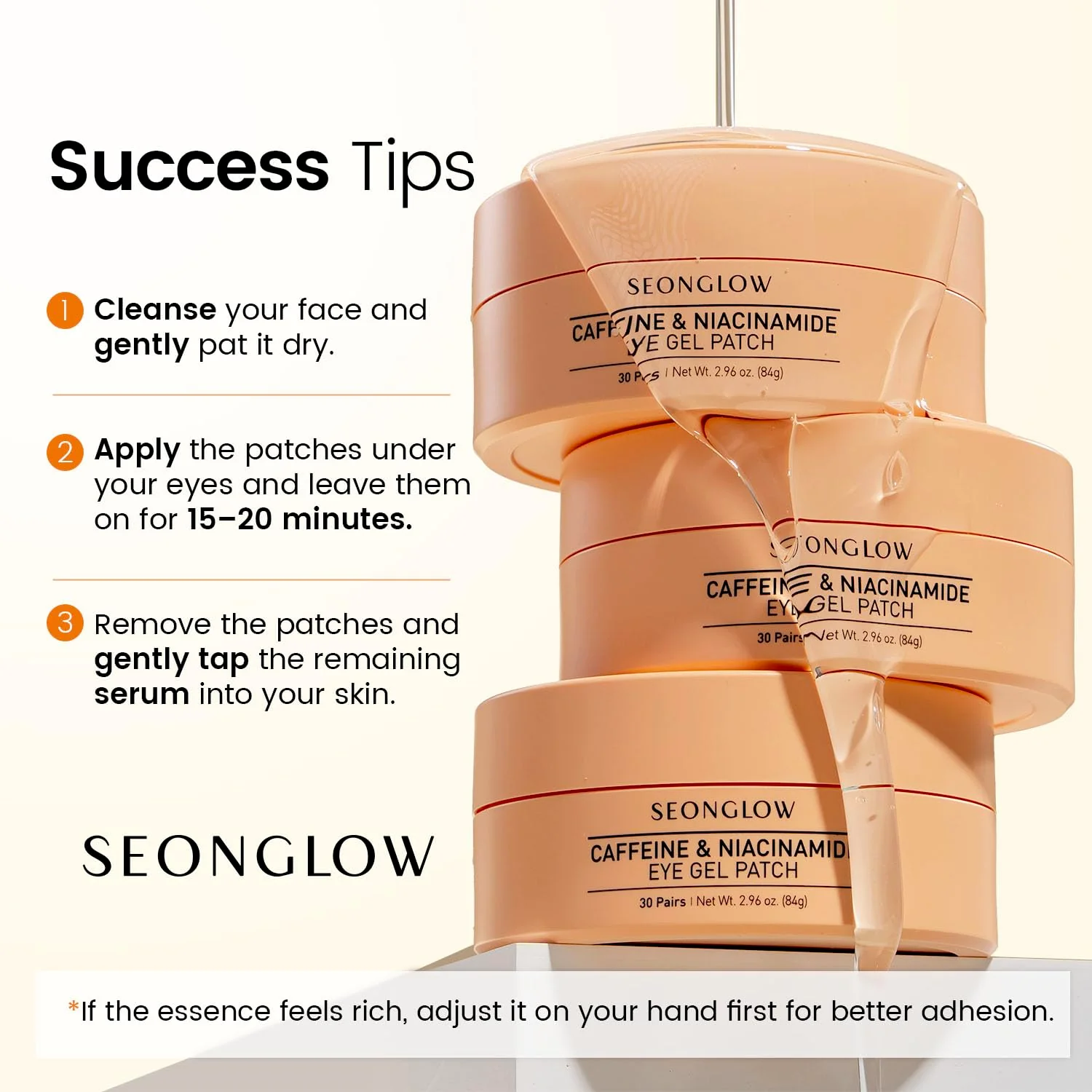 SEONGLOW Caffeine Under Eye Patches: 30 Pairs Korean Hydrogel Eye Masks for Dark Circles Puffiness Relief with Niacinamide Hyaluronic Acid - Undereye Brightening Hydrating Anti-Wrinkle Treatment - Image 4