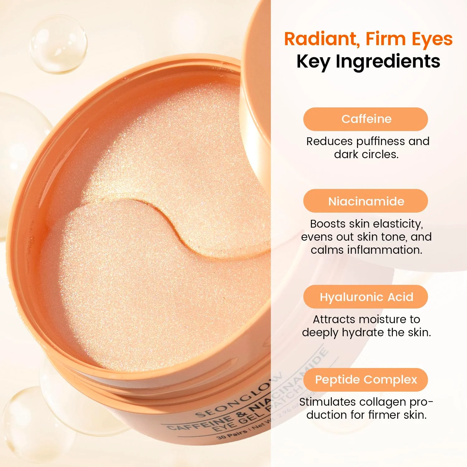SEONGLOW Caffeine Under Eye Patches: 30 Pairs Korean Hydrogel Eye Masks for Dark Circles Puffiness Relief with Niacinamide Hyaluronic Acid - Undereye Brightening Hydrating Anti-Wrinkle Treatment - Image 5