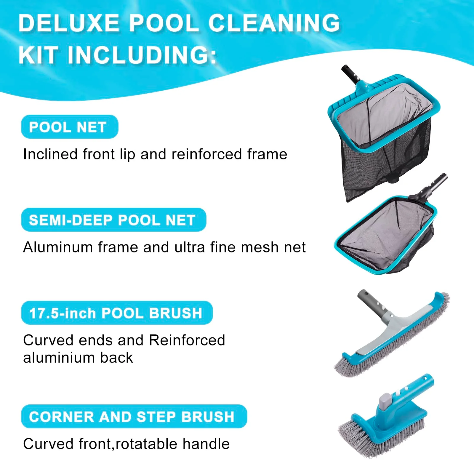 Sepetrel Deluxe Swimming Pool Cleaning Kit Including 2 Brush Heads, 2 Pool Skimmer Nets(NO Pole) - Image 7