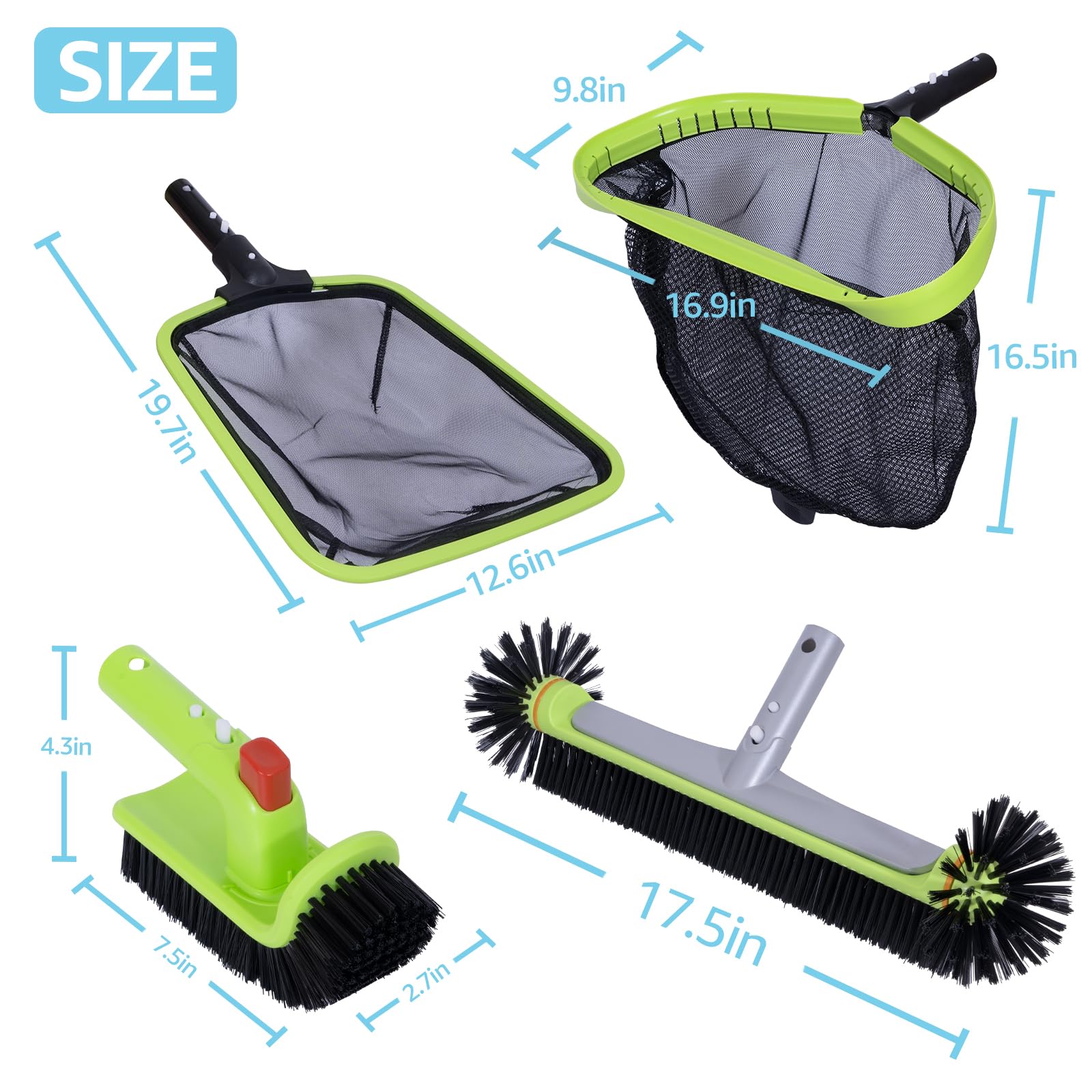 Sepetrel Deluxe Swimming Pool Cleaning Kit Including Professional Leaf Skimmer Net,Half-Depth Fine Mesh Net,17.5" Pool Brush Head & Hand Scrub Brush(NO Pole) - Image 2