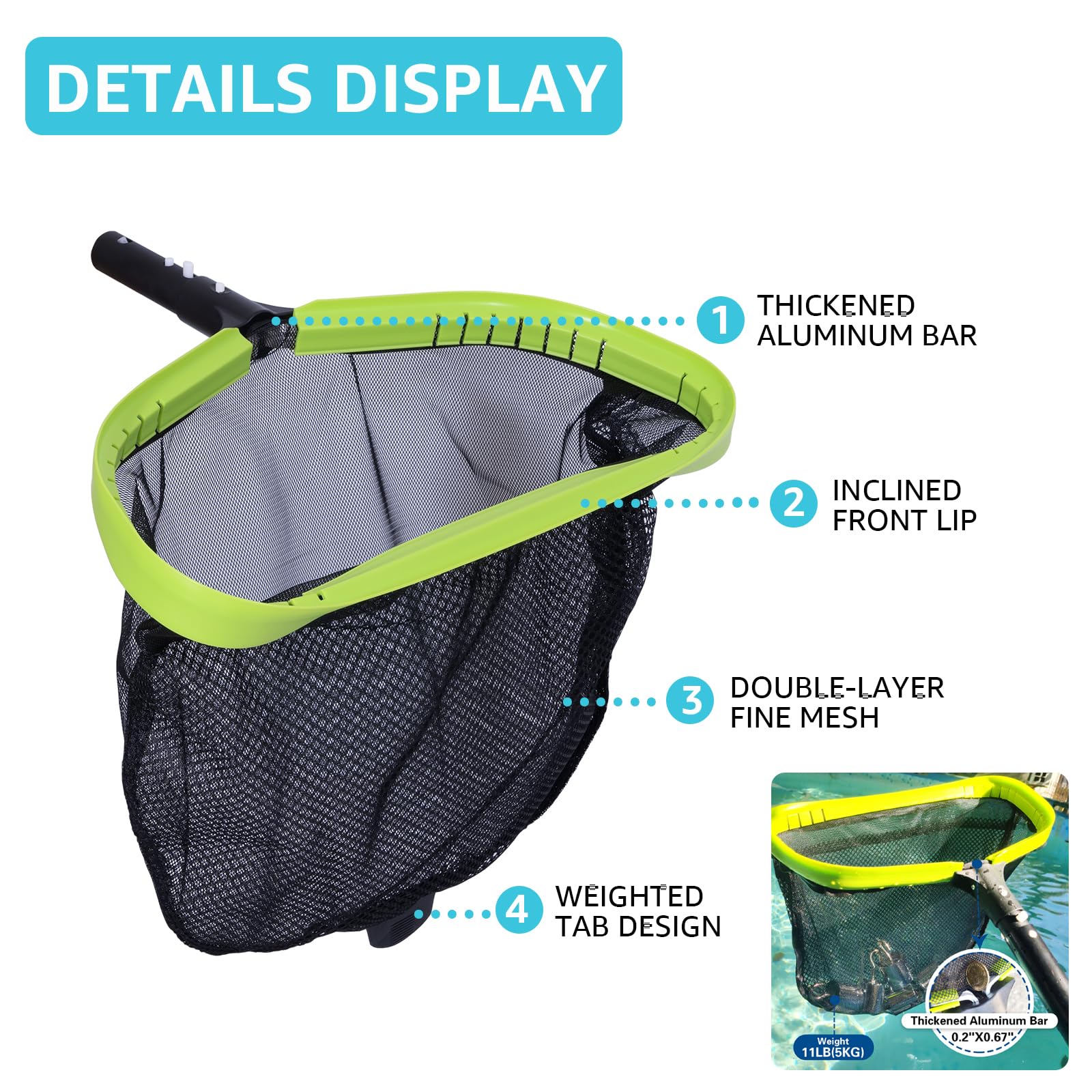 Sepetrel Deluxe Swimming Pool Cleaning Kit Including Professional Leaf Skimmer Net,Half-Depth Fine Mesh Net,17.5" Pool Brush Head & Hand Scrub Brush(NO Pole) - Image 5