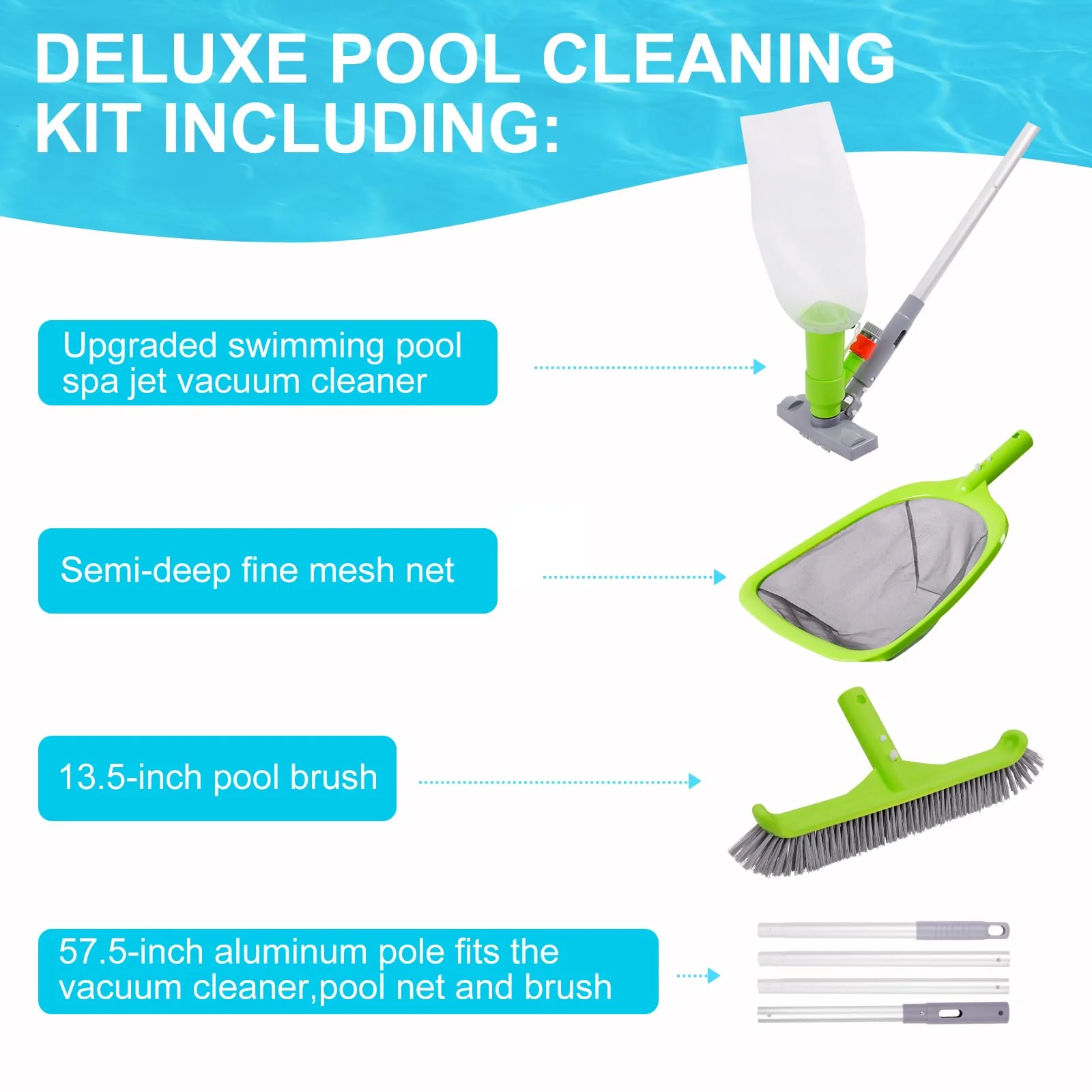 Sepetrel Deluxe Swimming Pool Cleaning Kit with Spa Jet Vacuum Cleaner,Brush, Semi-deep Skimmer Net & Adjustable 57.5-inch Pole,Ideal for Cleaning Above Ground,Inflatable Pools - Image 7