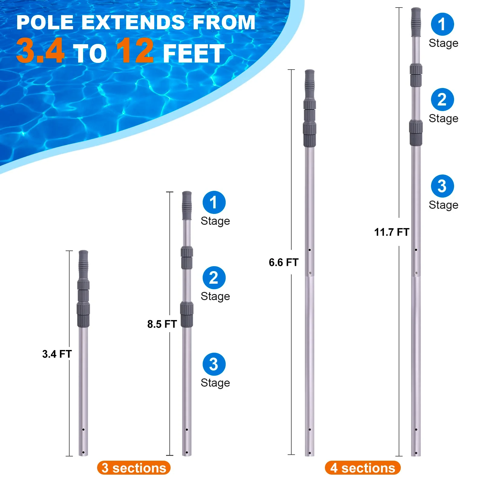 Sepetrel Pool Pole - Professional 12 Foot Telescoping Swimming Pool Cleaning Poles,Adjustable Telescopic Pole,for Skimmer Net,Brush,Vacuum Head - Image 6