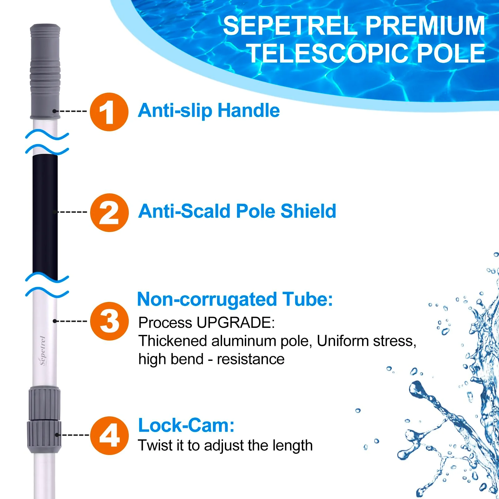 Sepetrel Pool Pole-Upgraded Professional 12 Foot Telescoping Swimming Pool Pole with Threaded Tips,Adjustable Telescopic Poles,for Skimmer Net,Brush,Vacuum Head - Image 5