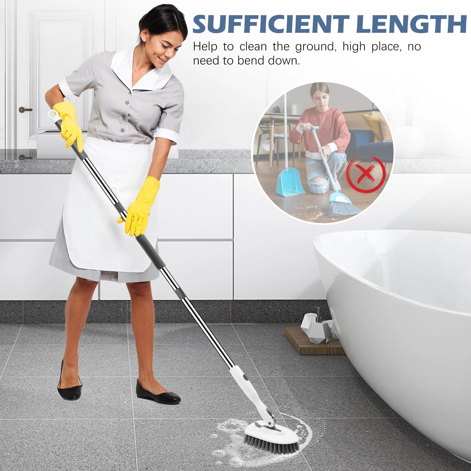 SetSail 4-in-1 Tile Tub Floor Scrubber with 52-inch Long Adjustable Handle Shower Cleaner Brush with V-Shaped Grout Brush and 3 Replacement Brush Heads for Bathroom Kitchen Walls Tub Tile, White Grey - Image 2