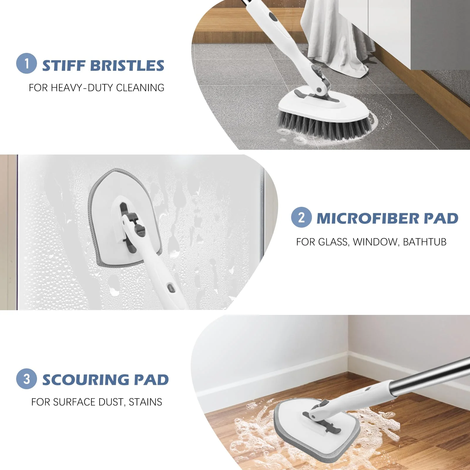 SetSail 4-in-1 Tile Tub Floor Scrubber with 52-inch Long Adjustable Handle Shower Cleaner Brush with V-Shaped Grout Brush and 3 Replacement Brush Heads for Bathroom Kitchen Walls Tub Tile, White Grey - Image 3