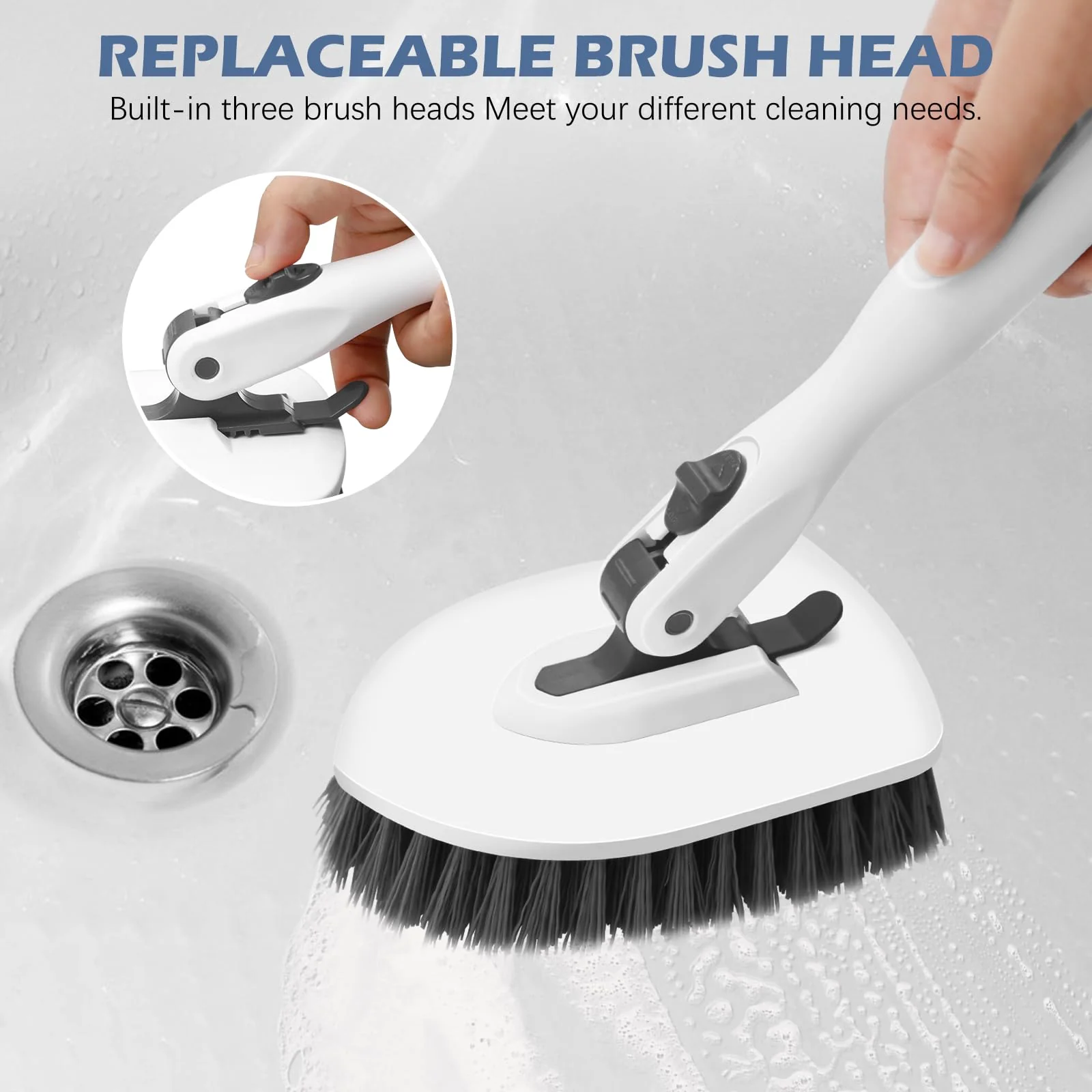 SetSail 4-in-1 Tile Tub Floor Scrubber with 52-inch Long Adjustable Handle Shower Cleaner Brush with V-Shaped Grout Brush and 3 Replacement Brush Heads for Bathroom Kitchen Walls Tub Tile, White Grey - Image 4