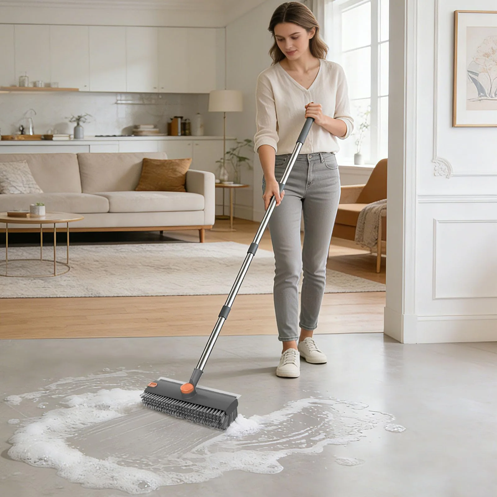 SetSail Floor Scrub Brush, 3 in 1 Floor Scrub Brush with 54-in Adjustable Long Handle and Scraper Heavy Duty Stiff Bristle Floor Scrubber for Cleaning Shower Bathroom Kitchen Patio Garage, Grey&Orange - Image 2