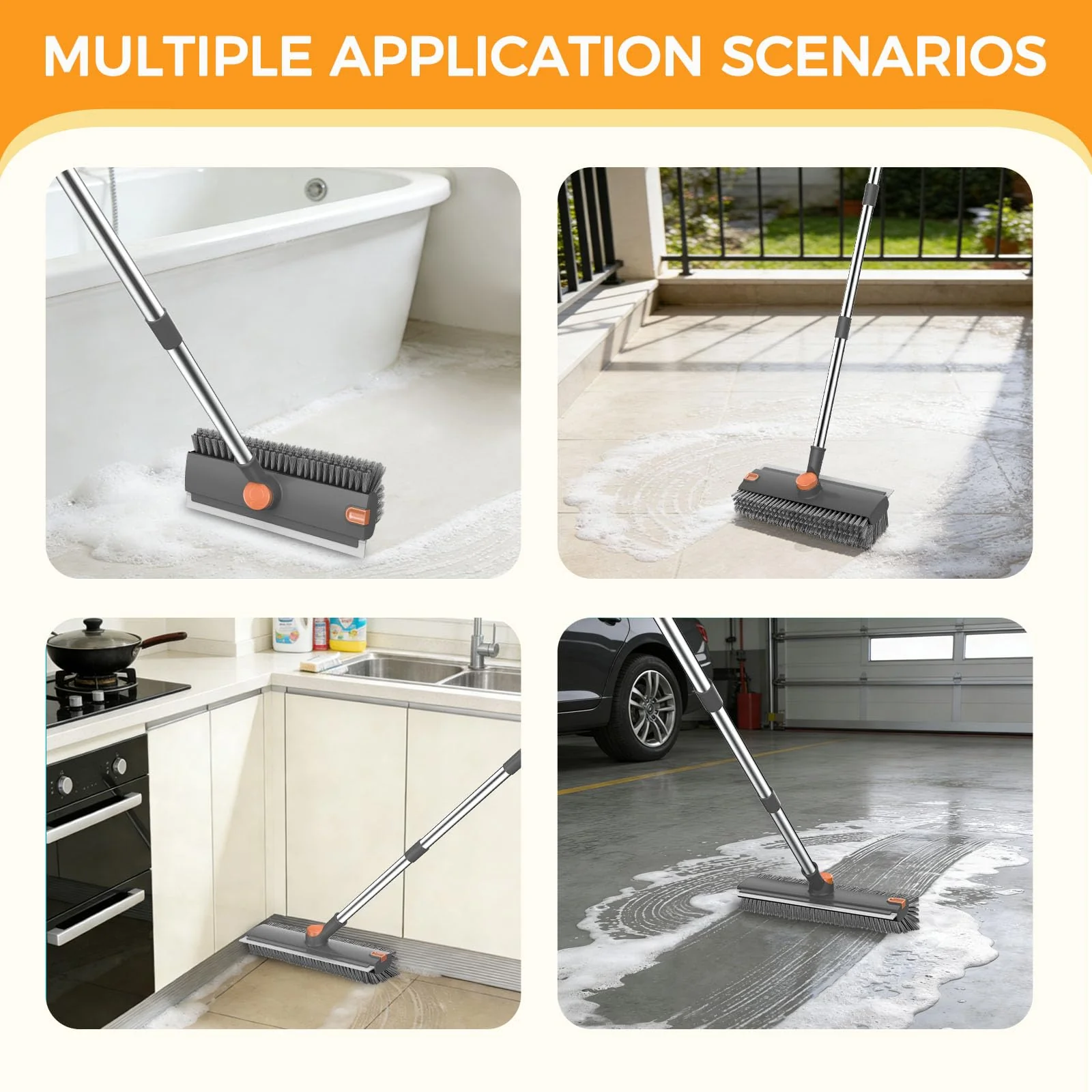 SetSail Floor Scrub Brush, 3 in 1 Floor Scrub Brush with 54-in Adjustable Long Handle and Scraper Heavy Duty Stiff Bristle Floor Scrubber for Cleaning Shower Bathroom Kitchen Patio Garage, Grey&Orange - Image 3