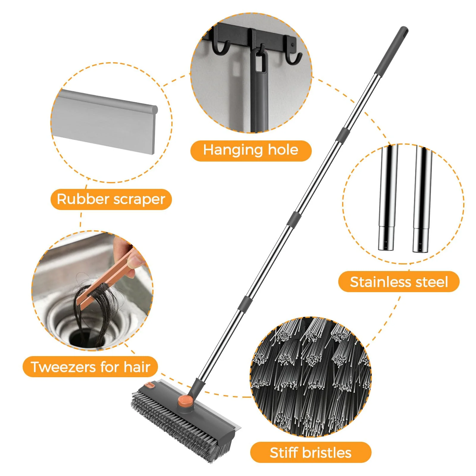 SetSail Floor Scrub Brush, 3 in 1 Floor Scrub Brush with 54-in Adjustable Long Handle and Scraper Heavy Duty Stiff Bristle Floor Scrubber for Cleaning Shower Bathroom Kitchen Patio Garage, Grey&Orange - Image 4