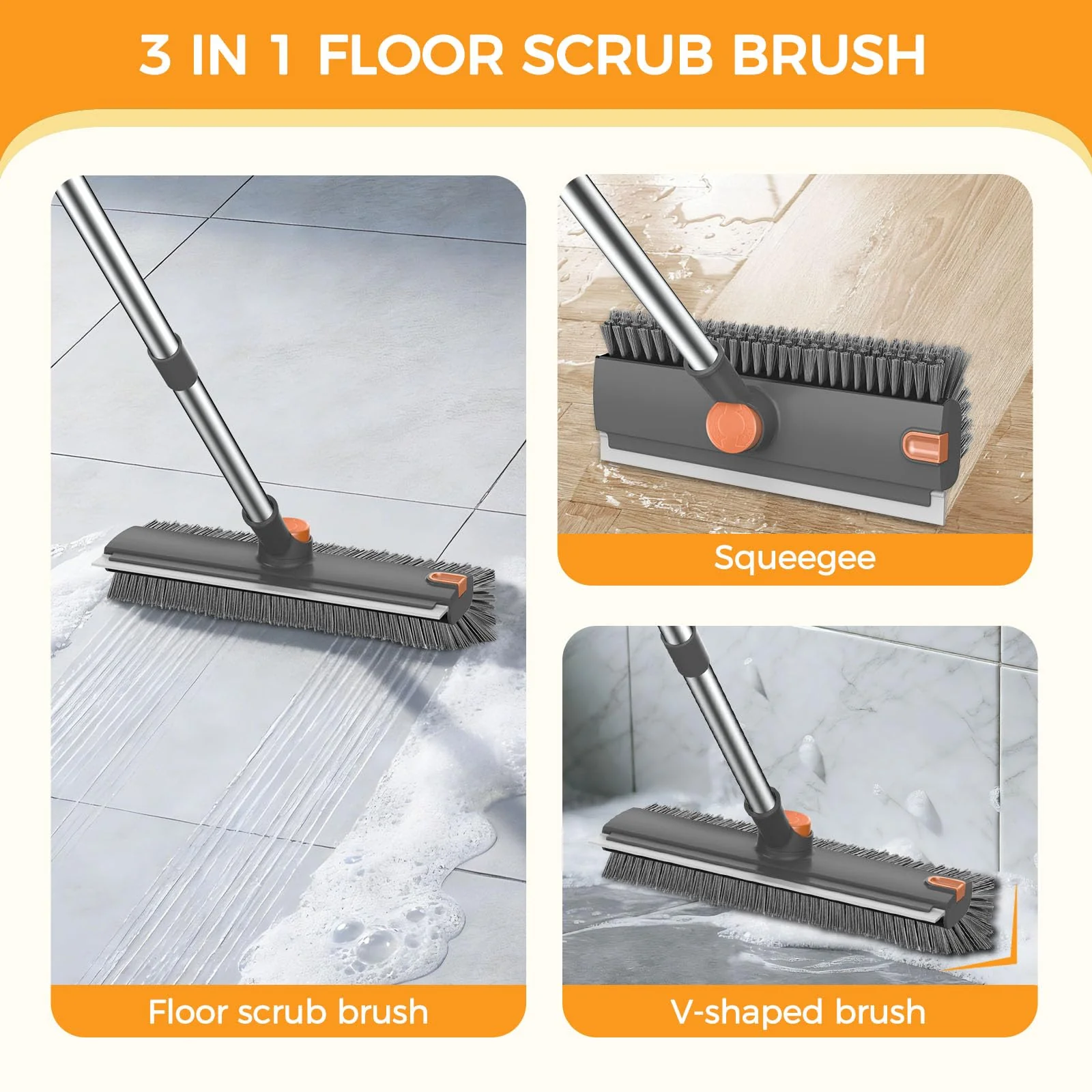SetSail Floor Scrub Brush, 3 in 1 Floor Scrub Brush with 54-in Adjustable Long Handle and Scraper Heavy Duty Stiff Bristle Floor Scrubber for Cleaning Shower Bathroom Kitchen Patio Garage, Grey&Orange - Image 5