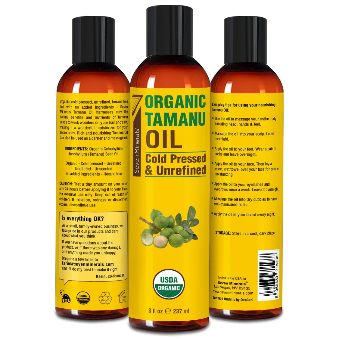 Seven Minerals USDA Organic Tamanu Oil - Big 8oz (240ml) - Cold Pressed & 100% Pure Tamanu Organic for Skin, Face, Hair, & Nails - GMO & Hexane Free Nutrient Dense Carrier Oil that Absorbs Easily - Image 2