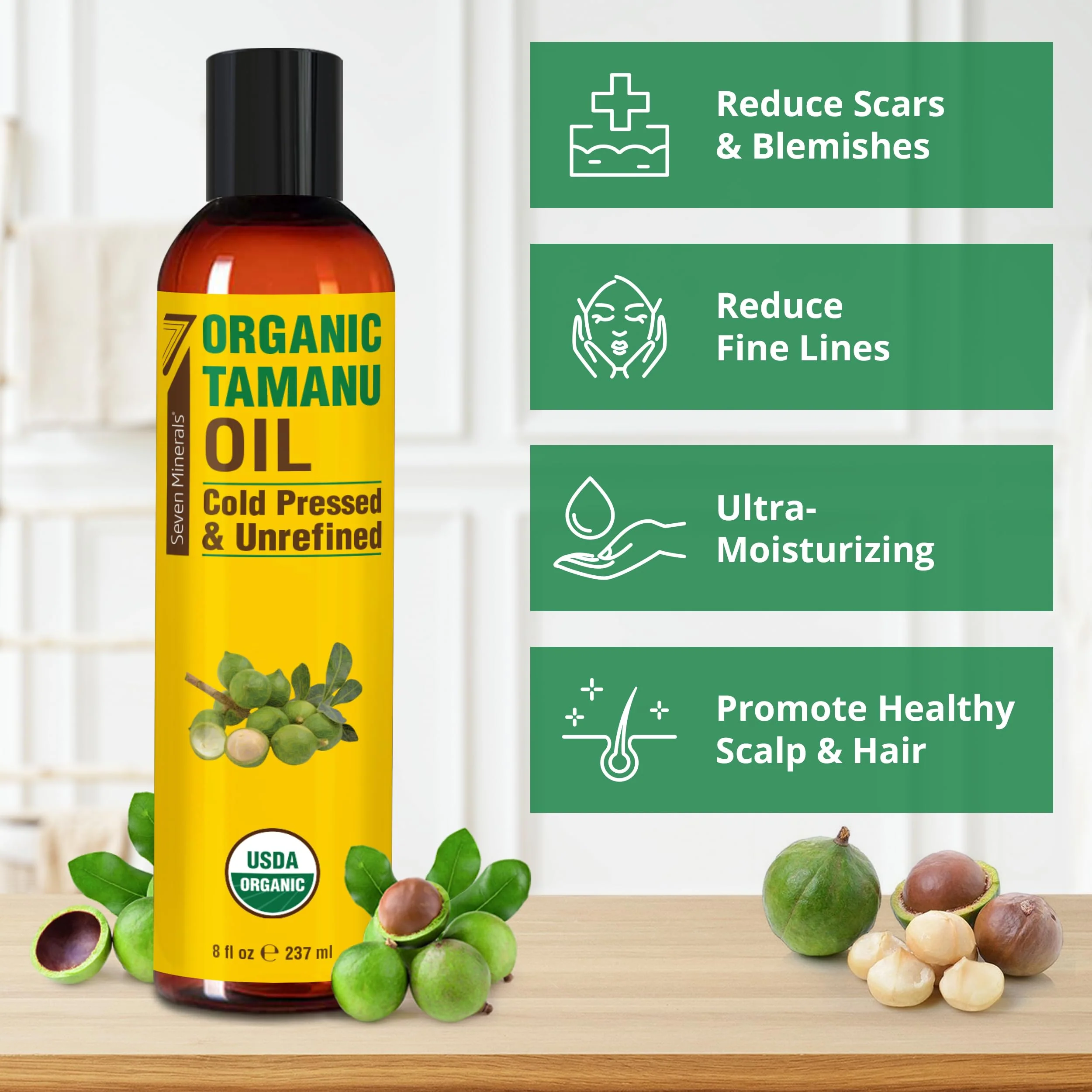 Seven Minerals USDA Organic Tamanu Oil - Big 8oz (240ml) - Cold Pressed & 100% Pure Tamanu Organic for Skin, Face, Hair, & Nails - GMO & Hexane Free Nutrient Dense Carrier Oil that Absorbs Easily - Image 4