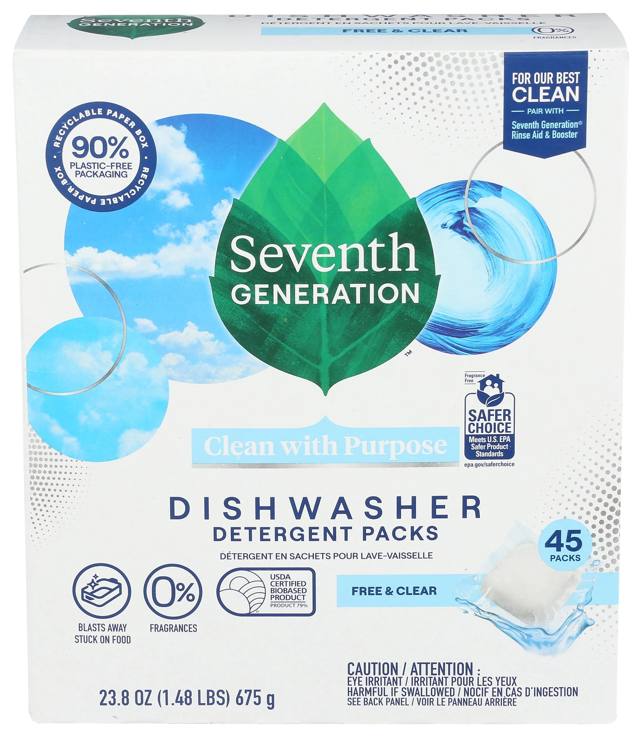 Seventh Generation Dishwasher Detergent Packs Free & Clear for sparkling dishes Dishwasher tabs 45 count