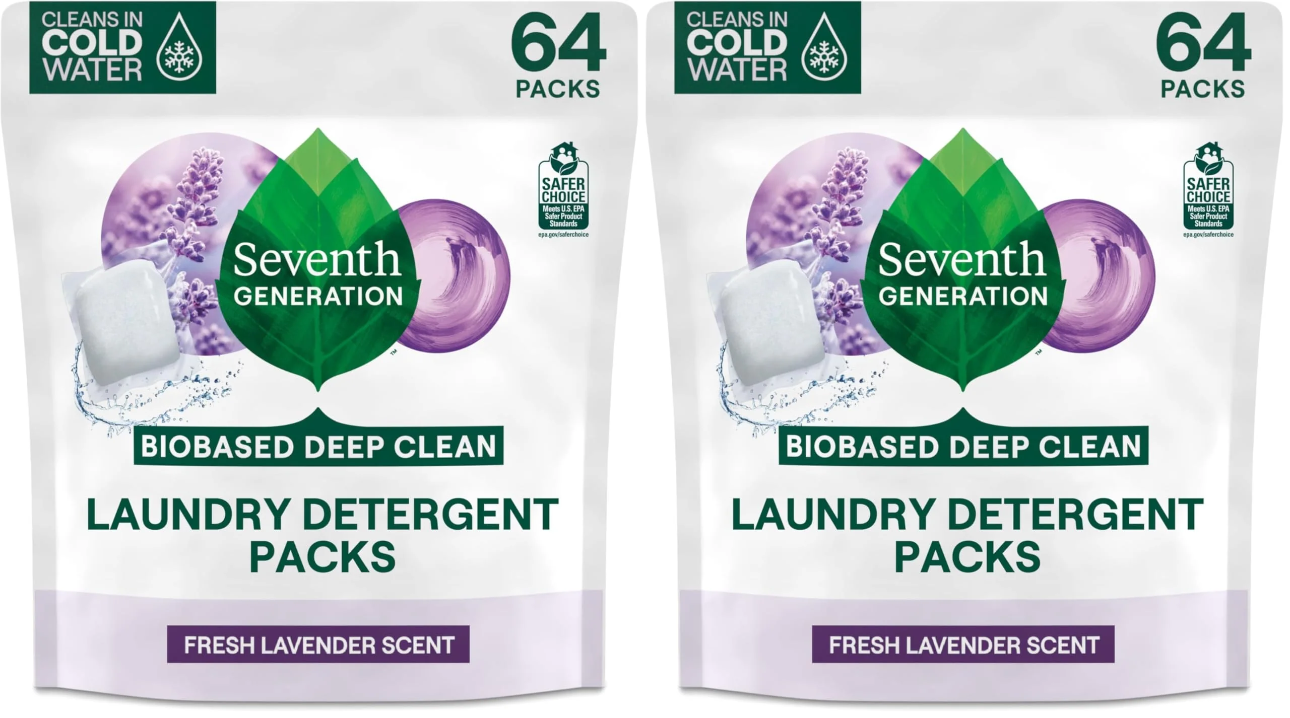 Seventh Generation Laundry Detergent Packs,Lavender,Biobased Deep Clean,EPA Safer Choice Certified,64 Count (Pack of 2)