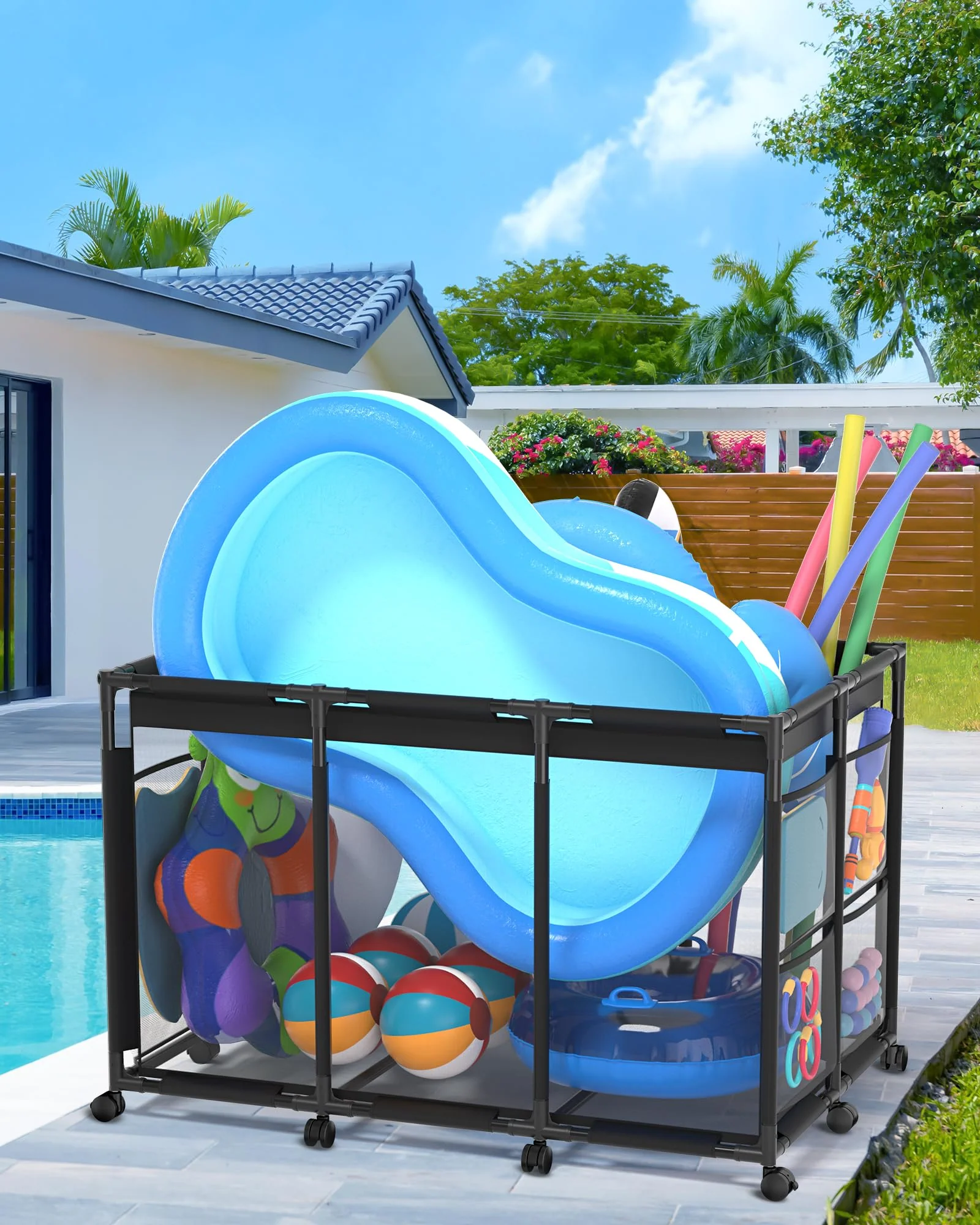 SHAPON Pool Storage Bin XX-Large, Nylon Mesh Pool Float Storage Organizer for Noodles, Goggles, Floats & Balls, Outdoor Pool Toy Storage with Rolling Cart for Swimming Equipments, Black - Image 8