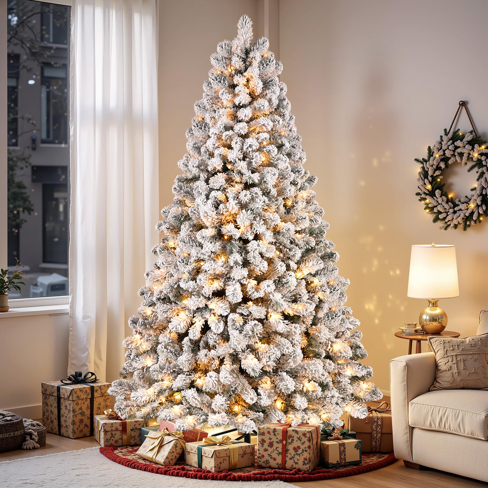 SHareconn 7.5ft Prelit Snow Flocked Spruce Artificial Christmas Tree with 350 Incandescent Warm White Lights, Foldable Stand, Snow Flocked Full Prelighted Xmas Tree W/1170 Branch Tips, 7.5 FT, White - Image 4