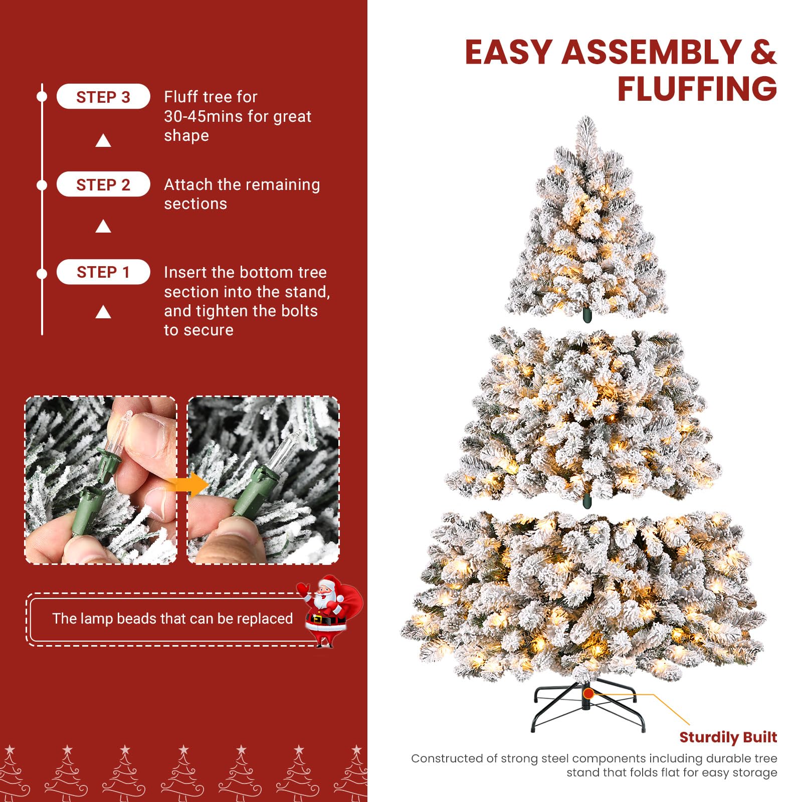 SHareconn 7.5ft Prelit Snow Flocked Spruce Artificial Christmas Tree with 350 Incandescent Warm White Lights, Foldable Stand, Snow Flocked Full Prelighted Xmas Tree W/1170 Branch Tips, 7.5 FT, White - Image 5