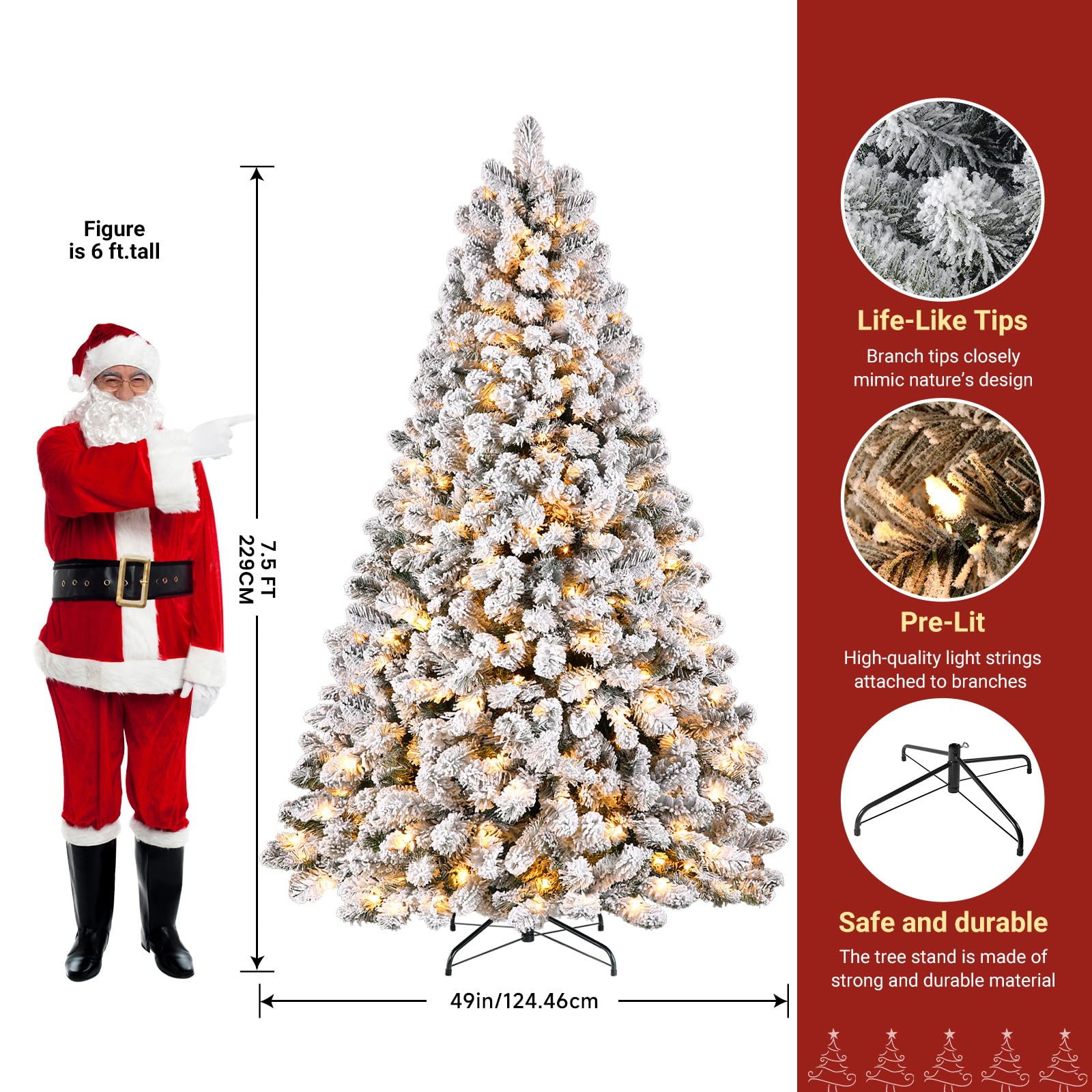 SHareconn 7.5ft Prelit Snow Flocked Spruce Artificial Christmas Tree with 350 Incandescent Warm White Lights, Foldable Stand, Snow Flocked Full Prelighted Xmas Tree W/1170 Branch Tips, 7.5 FT, White - Image 7