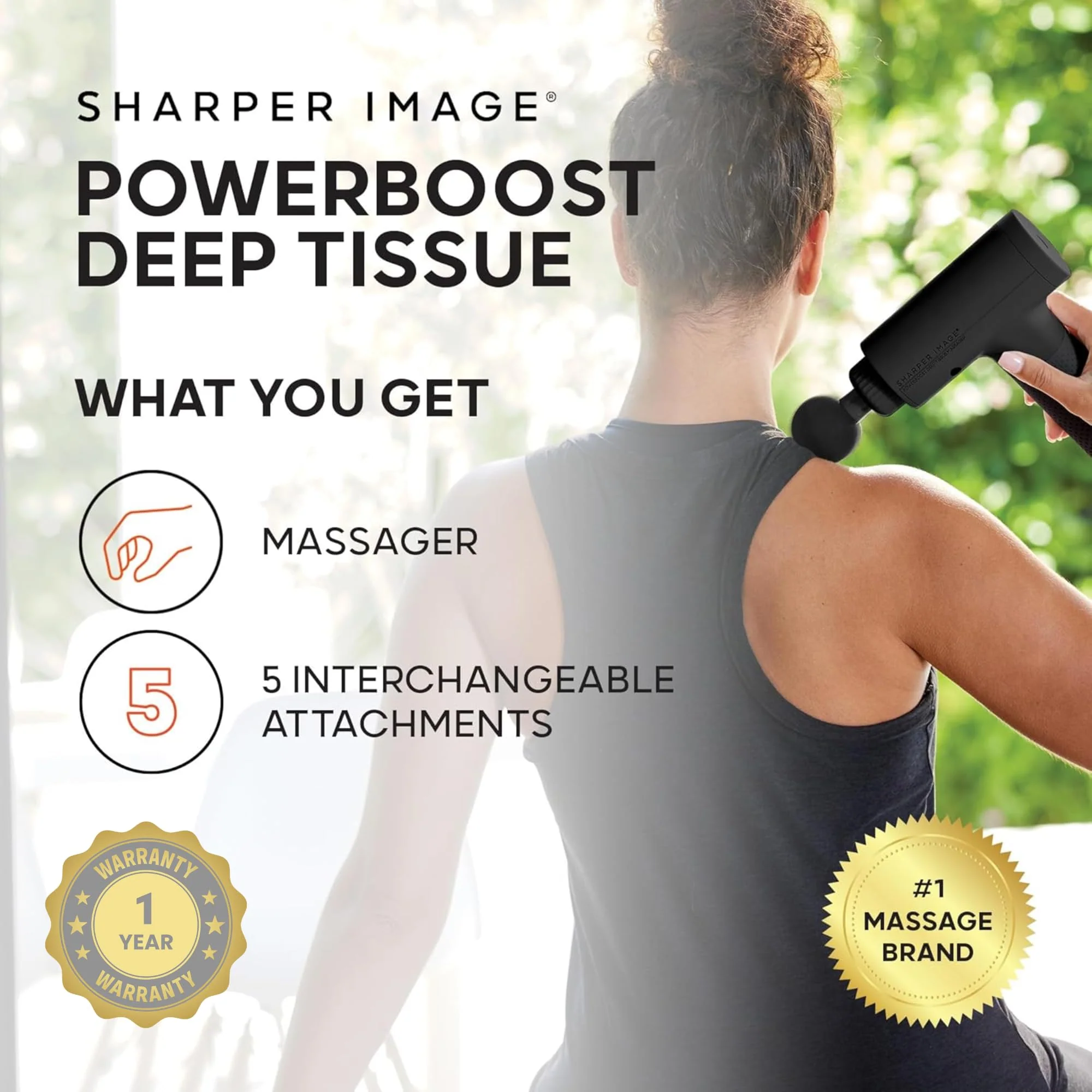 Sharper Image Deep Tissue Percussion Massage Gun, Powerboost Rechargeable Handheld Massager, 6 Adjustable Speeds, 5 Attachment Heads & Carrying Case, Full Body Muscle Pain Relief, Black - Image 3