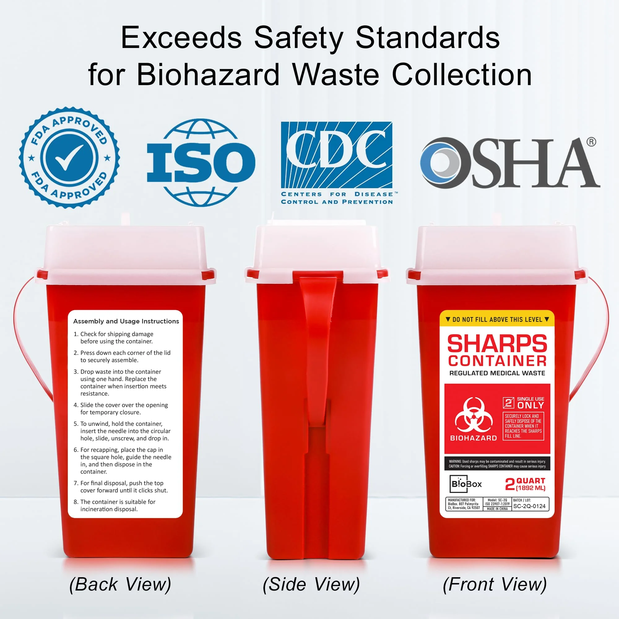Sharps Container Small - Sharps Containers for Home Use and Labs - Portable Needle Disposal and Travel Size Biohazard Bin - 2 Quart (Pack of 3) - Image 4