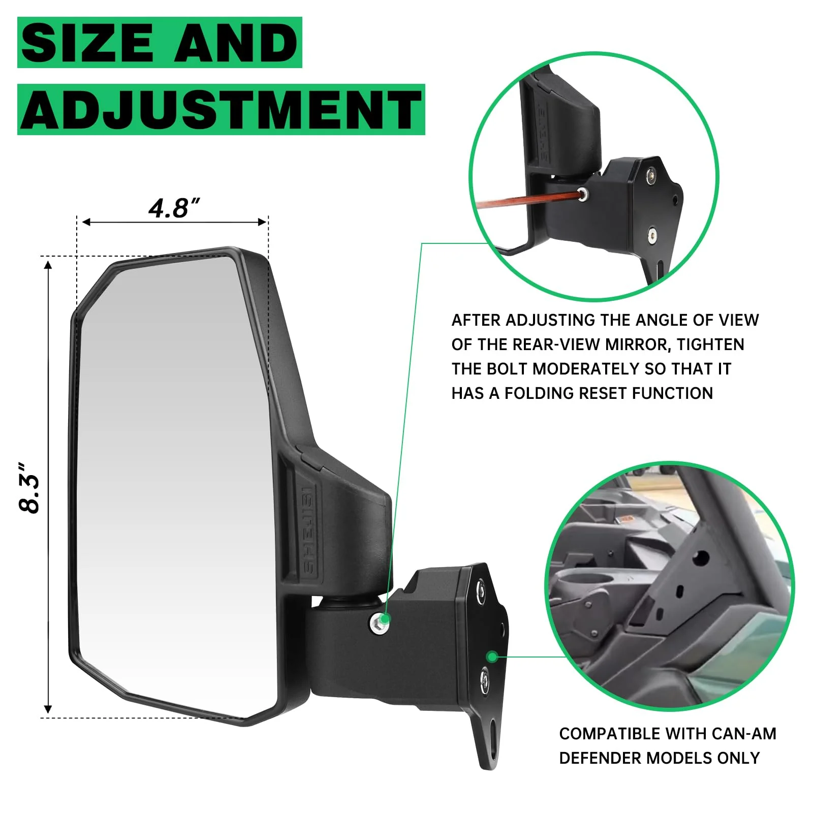 SHEJISI Defender Side Mirrors,The Spring Back Feature Allows Easy Reset After Fold,2024 New UTV Mirrors Compatible with Can Am Defender HD10 HD9 HD8 HD7 HD5,Suitable for No Door,Half Door,Full Door - Image 5