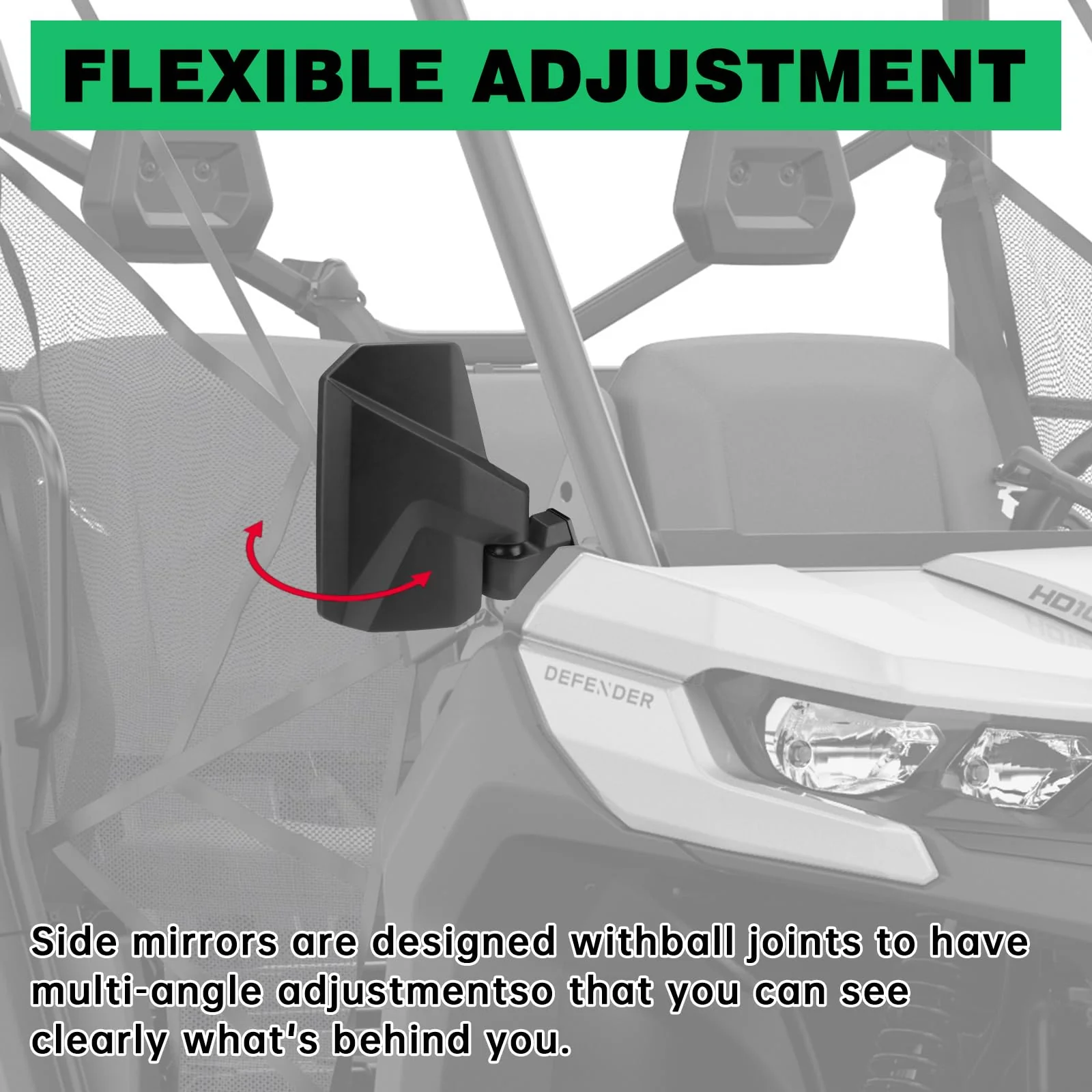 SHEJISI Defender Side Mirrors,The Spring Back Feature Allows Easy Reset After Fold,2024 New UTV Mirrors Compatible with Can Am Defender HD10 HD9 HD8 HD7 HD5,Suitable for No Door,Half Door,Full Door - Image 7