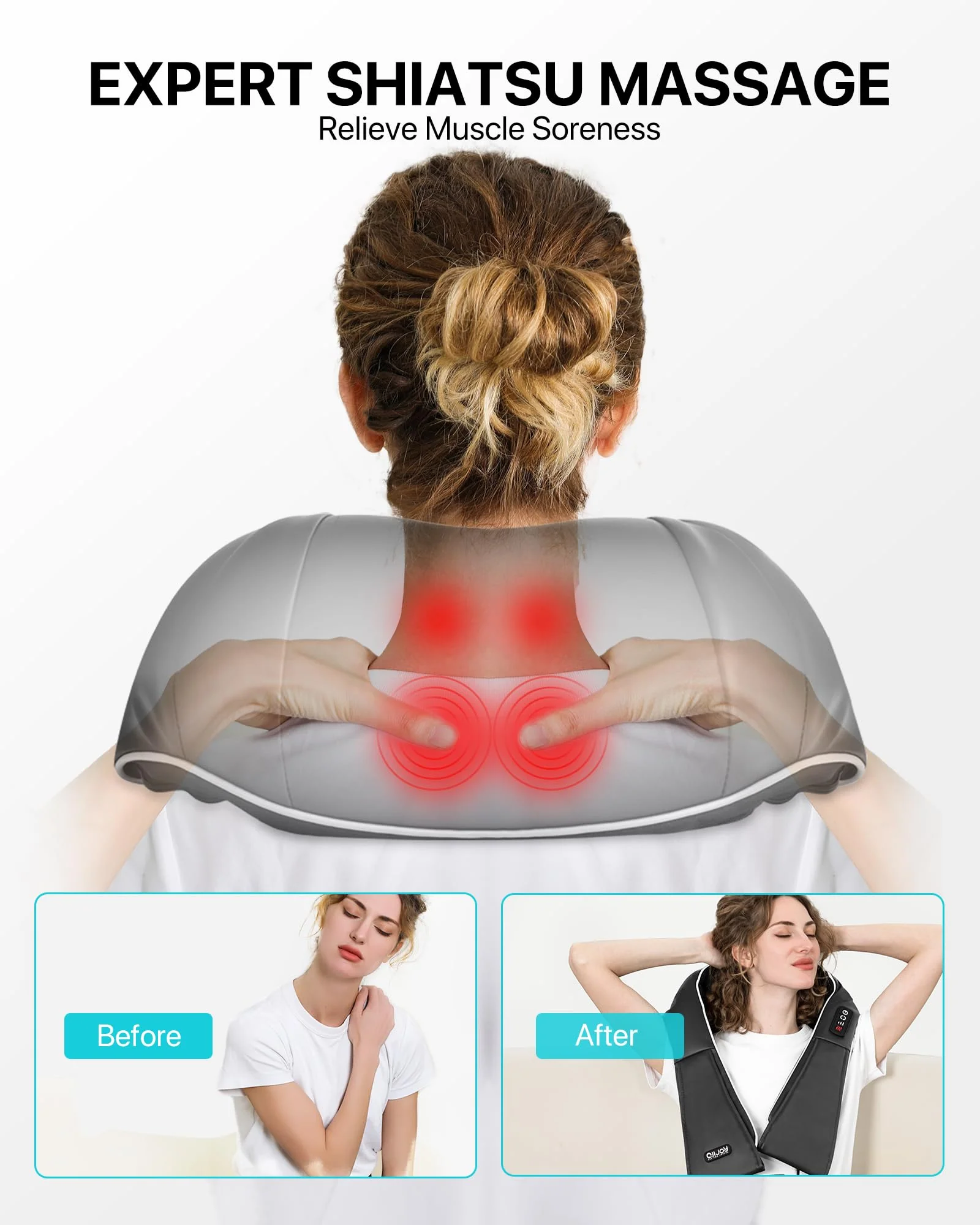 Shiatsu Back Neck Massager with Heat, Alljoy Electric Deep Tissue 3D Kneading Pillow Massege for Pain Relief & Relax Muscles, Comfort Use at Home Office (Black) - Image 9