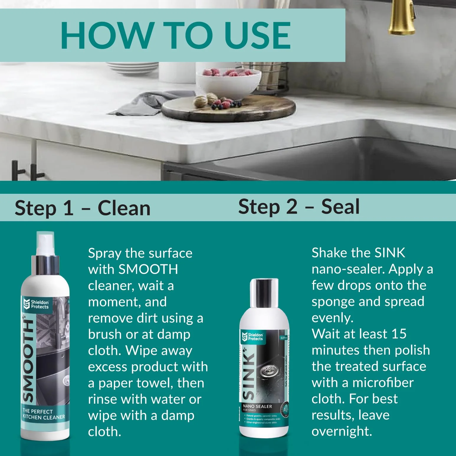 Shieldon Sink Care Kit – Cleaner & Nano Sealer for Granite Composite, Ceramic & Natural Stone Sinks – Restores Shine, Repels Stains, Grease & Hard Water – 2 Sponges & Microfiber Cloth - Image 2