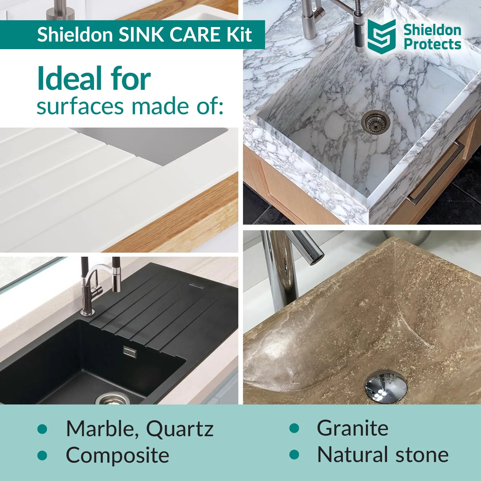 Shieldon Sink Care Kit – Cleaner & Nano Sealer for Granite Composite, Ceramic & Natural Stone Sinks – Restores Shine, Repels Stains, Grease & Hard Water – 2 Sponges & Microfiber Cloth - Image 3