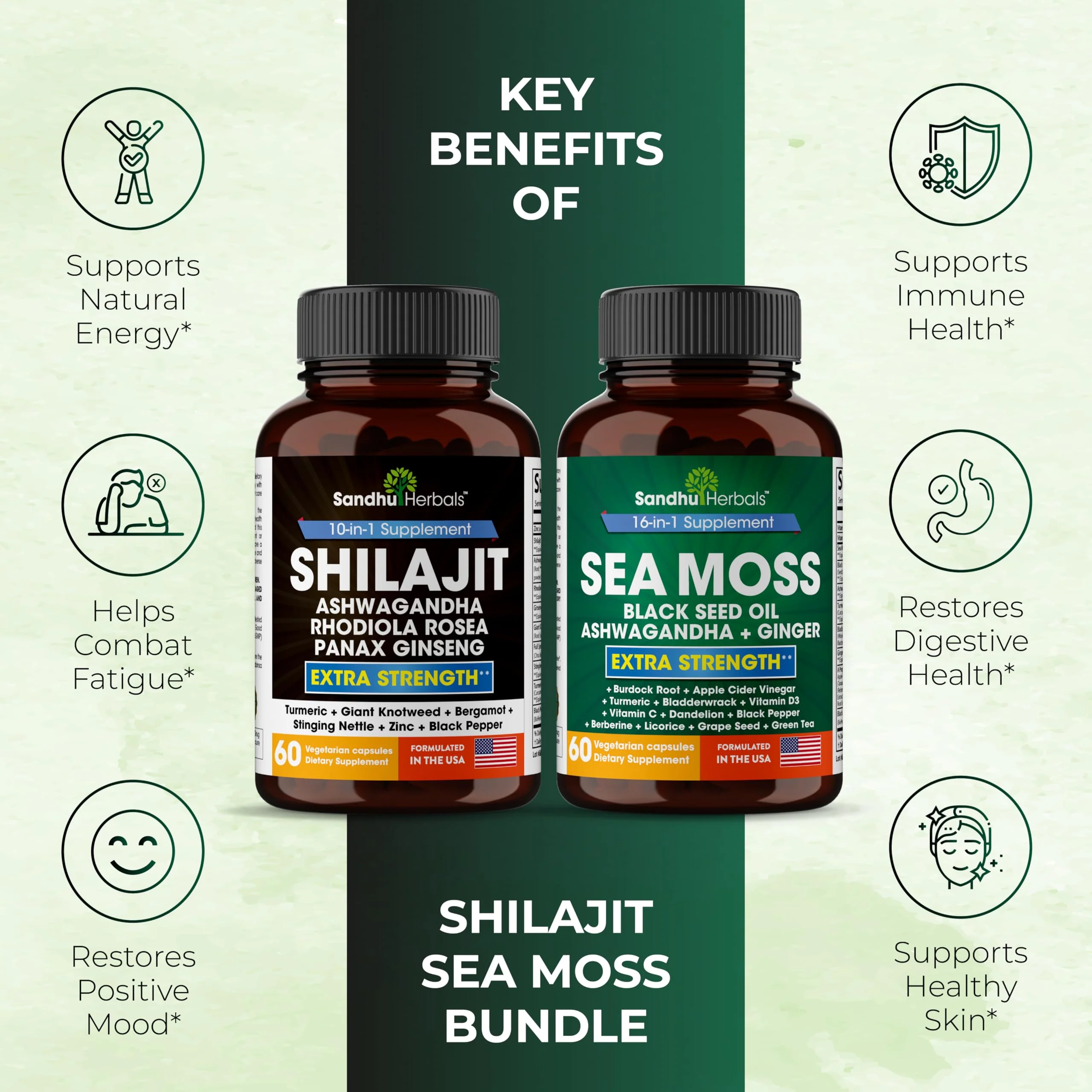 Shilajit Sea Moss Ashwagandha Combo Bundle - Black Seed Oil, Turmeric, Rhodiola Rosea, Panax, Ginseng Supplement | 120 Capsules, Better Than Gummies, Resin | Seamoss for Men & Women - Image 2