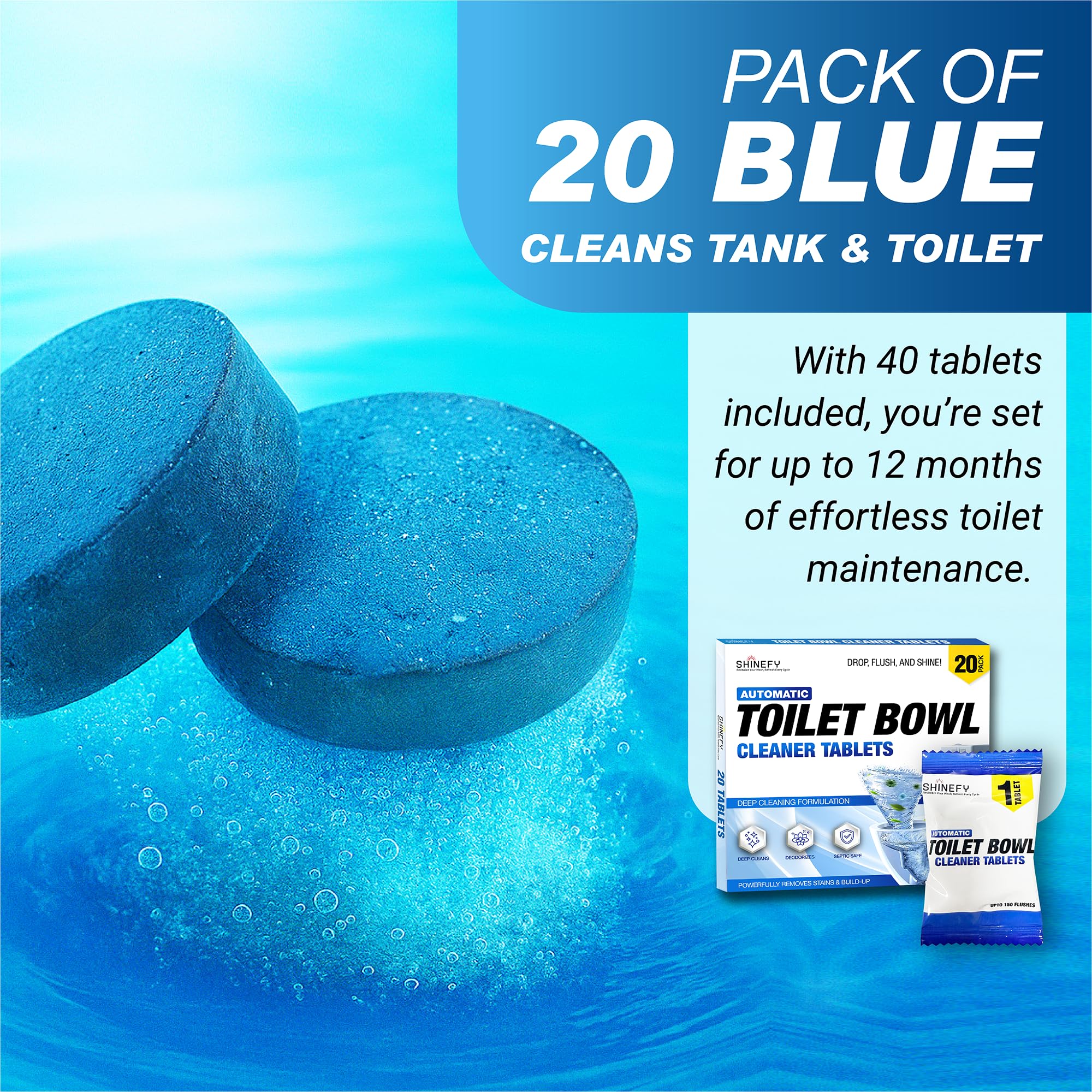 Shinefy Automatic Toilet Bowl Cleaner Tablets – 20 Tabs - Blue Gel Toilet Tank Cleaners, Hard Water Ring Remover, Septic-Safe Heavy-Duty Stain & Smell Eliminator, Toilet Cleaning & Deodorizer - Image 2