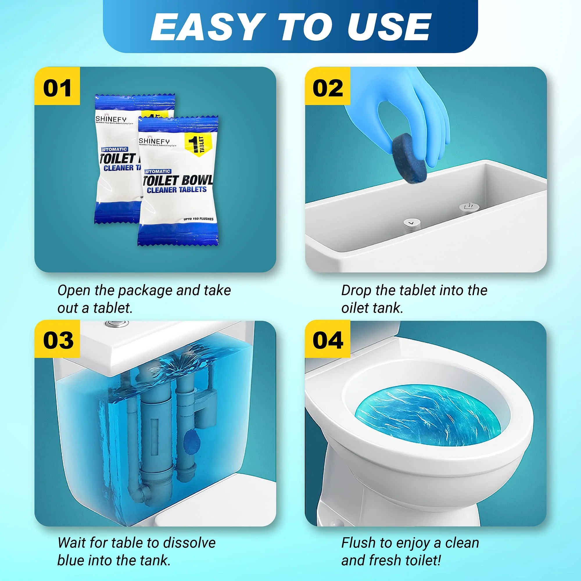 Shinefy Automatic Toilet Bowl Cleaner Tablets – 20 Tabs - Blue Gel Toilet Tank Cleaners, Hard Water Ring Remover, Septic-Safe Heavy-Duty Stain & Smell Eliminator, Toilet Cleaning & Deodorizer - Image 4