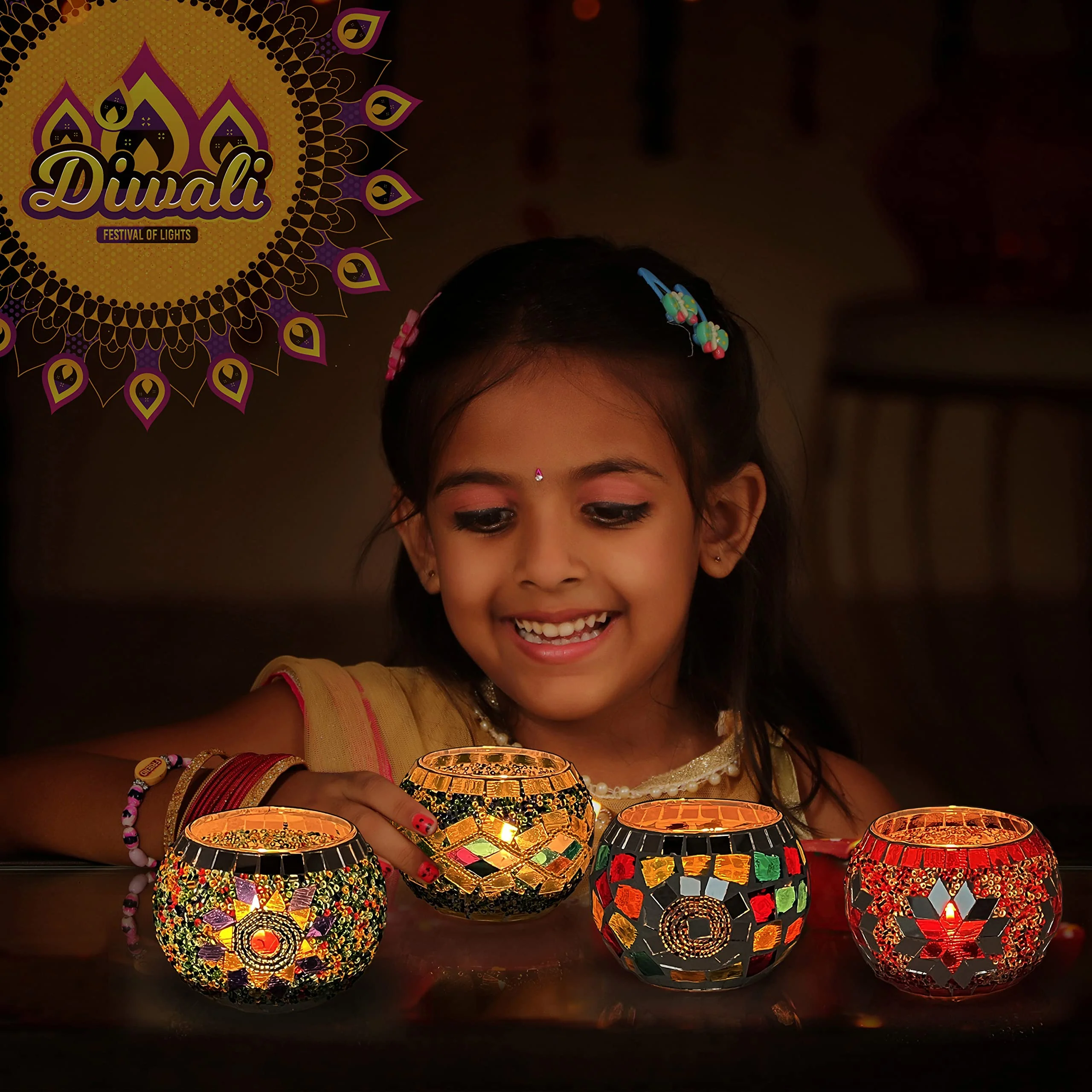 SHMILMH Glass Candle Holder Set of 4, Diwali Gift Votive Candle Holders Handmade Mosaic Glass Tealight Holders Diwali Christmas Table Decorations for Home - Image 2