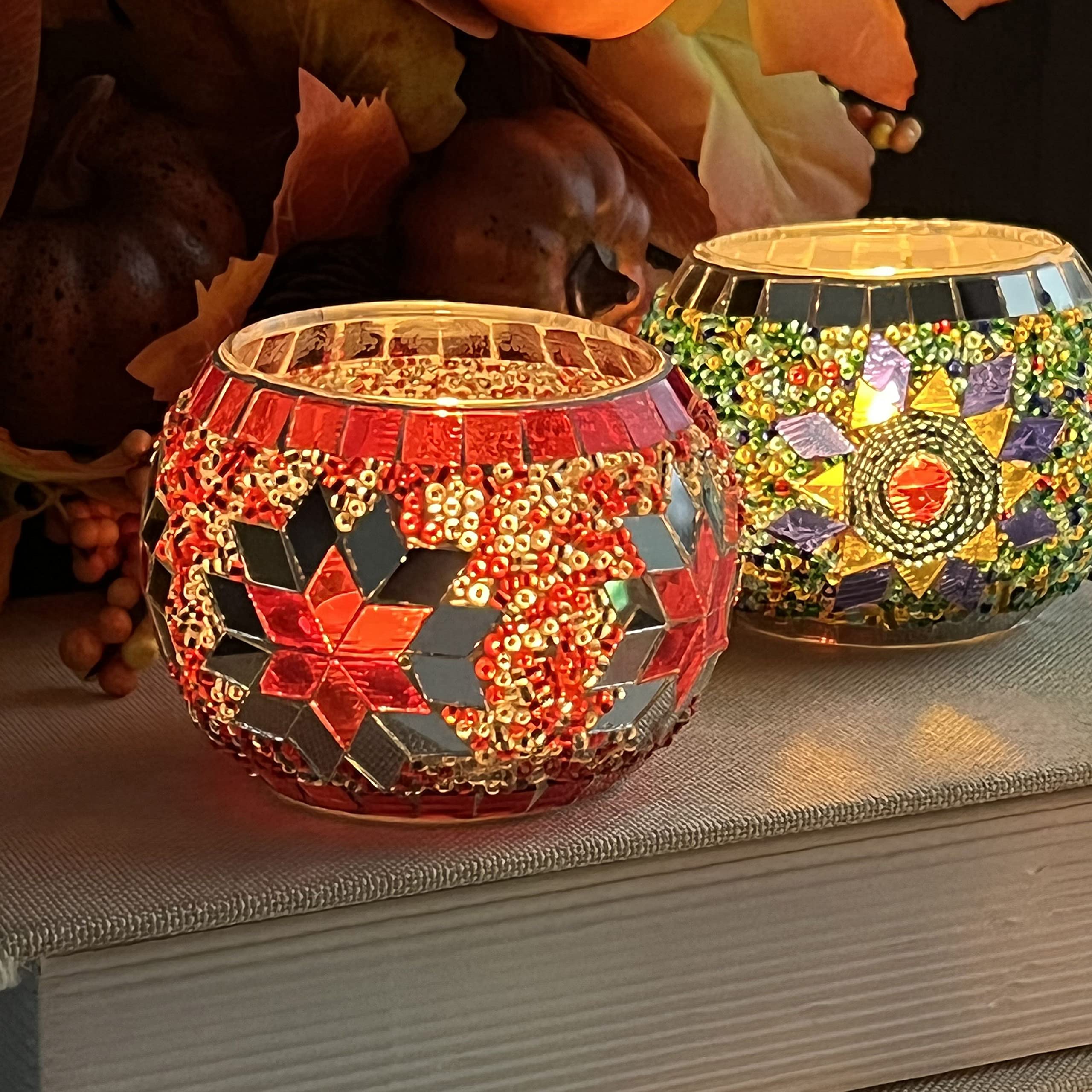 SHMILMH Glass Candle Holder Set of 4, Diwali Gift Votive Candle Holders Handmade Mosaic Glass Tealight Holders Diwali Christmas Table Decorations for Home - Image 7