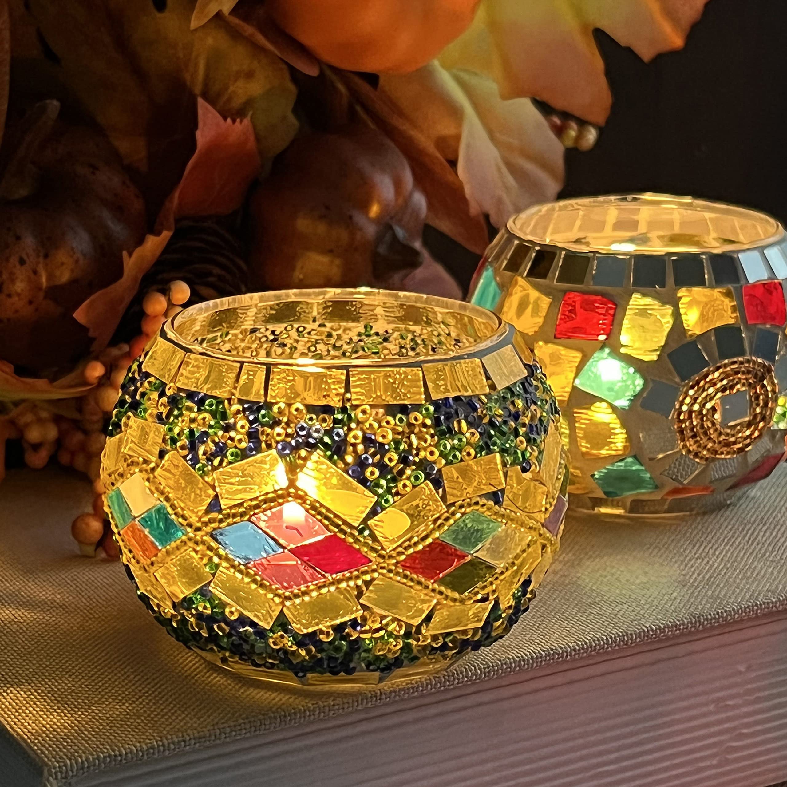 SHMILMH Glass Candle Holder Set of 4, Diwali Gift Votive Candle Holders Handmade Mosaic Glass Tealight Holders Diwali Christmas Table Decorations for Home - Image 8