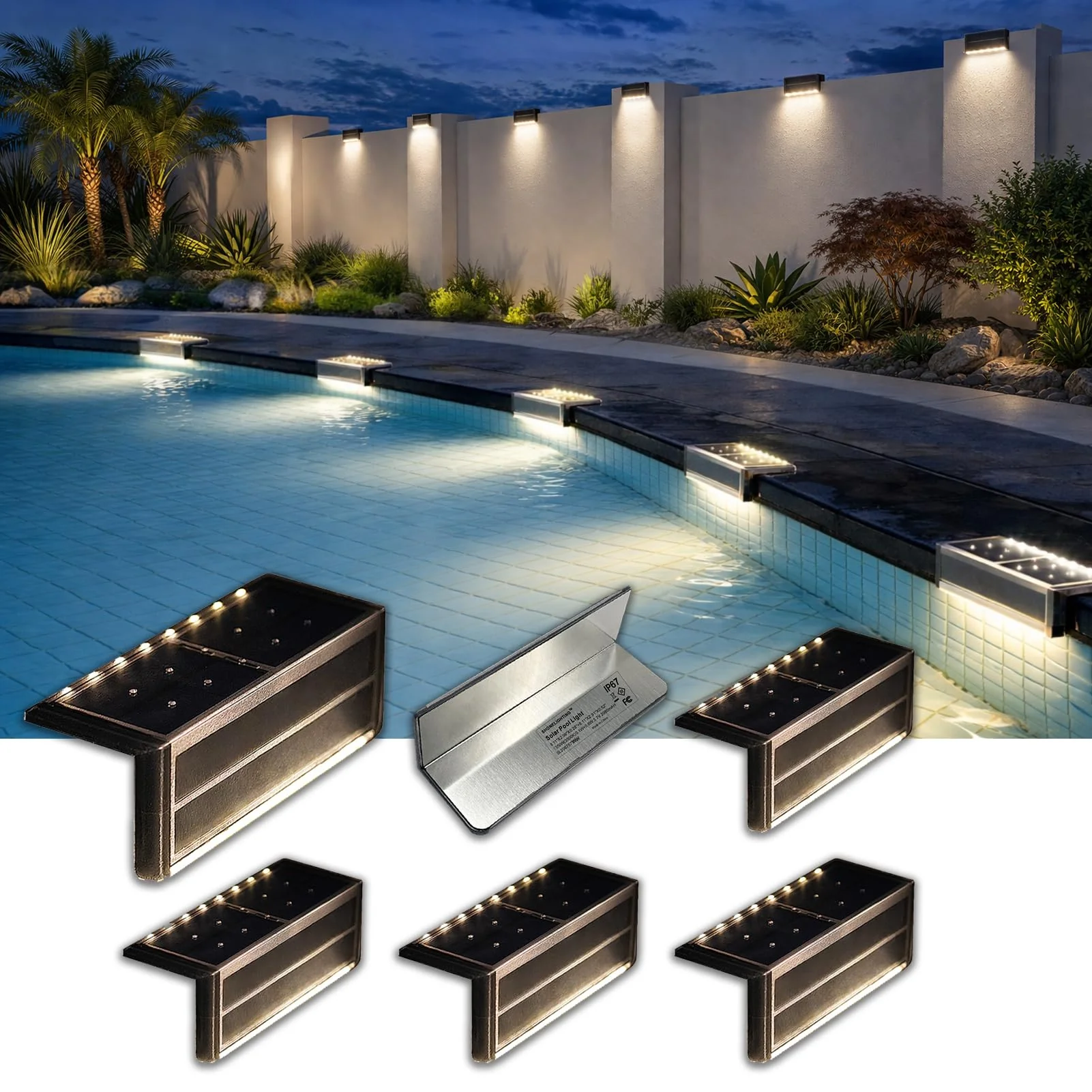 SHONELIGHTING Solar Pool Lights, Poolside Lights for Inground Pool, Ultra-Thin 2-Way LEDs for Edge & Deck, Heavy Duty Stainless Steel Outdoor Waterproof for Swimming (Warm White, 6PK)