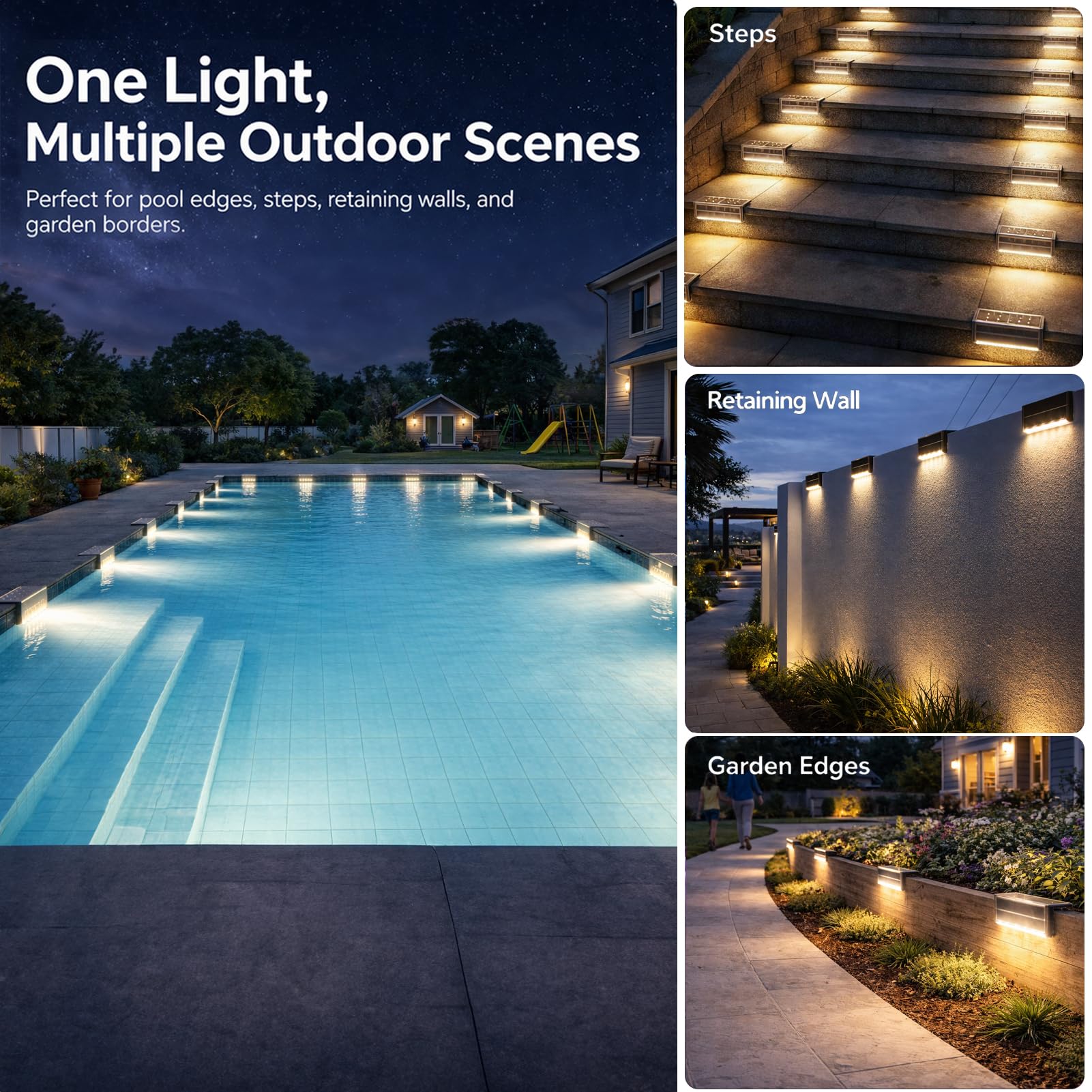 SHONELIGHTING Solar Pool Lights, Poolside Lights for Inground Pool, Ultra-Thin 2-Way LEDs for Edge & Deck, Heavy Duty Stainless Steel Outdoor Waterproof for Swimming (Warm White, 6PK) - Image 3
