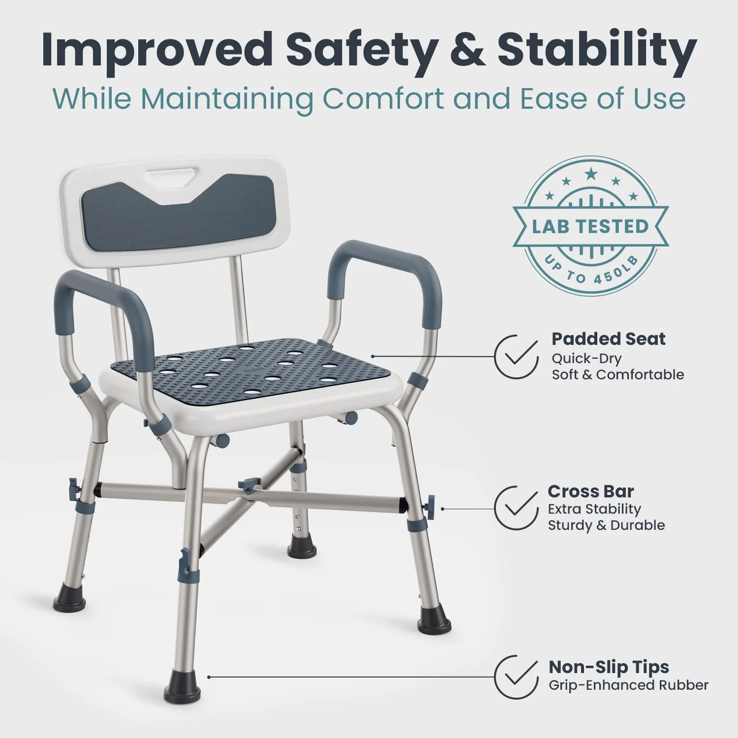 Shower Chair for Elderly and Disabled (450lb) with Padded Armrests and Back, Adjustable Height Shower Seat, Heavy Duty Shower Chairs for Inside Shower, Handicap - Teal - Image 3