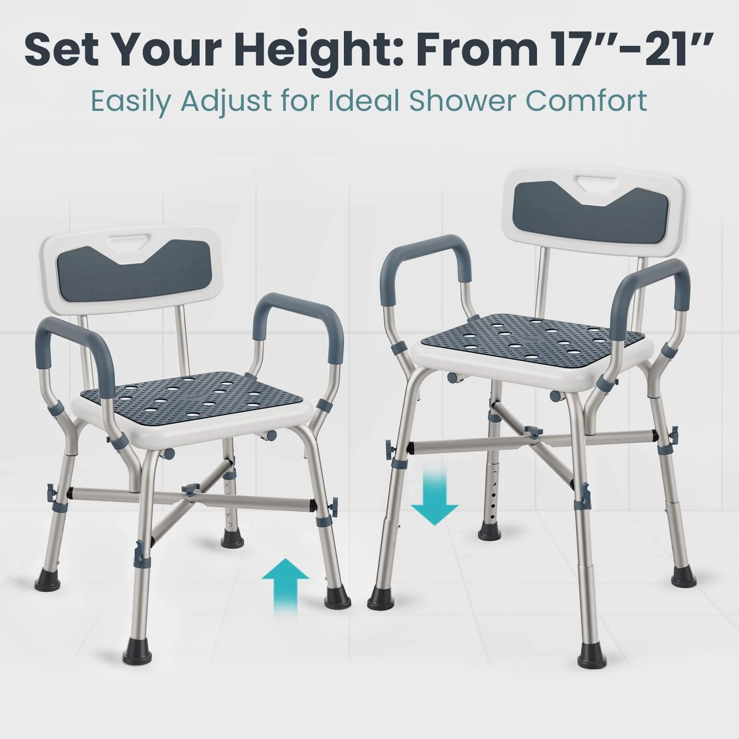 Shower Chair for Elderly and Disabled (450lb) with Padded Armrests and Back, Adjustable Height Shower Seat, Heavy Duty Shower Chairs for Inside Shower, Handicap - Teal - Image 5