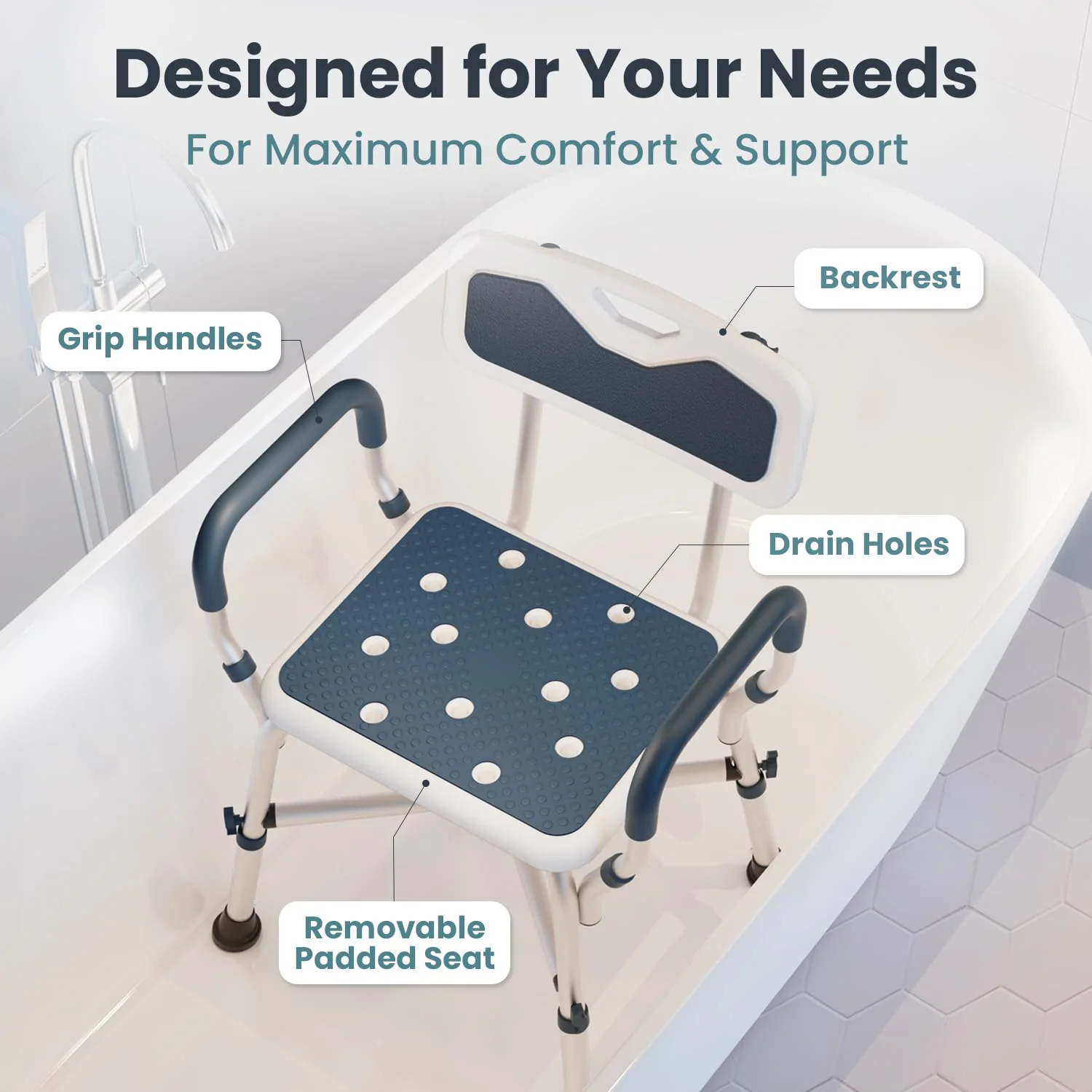 Shower Chair for Elderly and Disabled (450lb) with Padded Armrests and Back, Adjustable Height Shower Seat, Heavy Duty Shower Chairs for Inside Shower, Handicap - Teal - Image 7