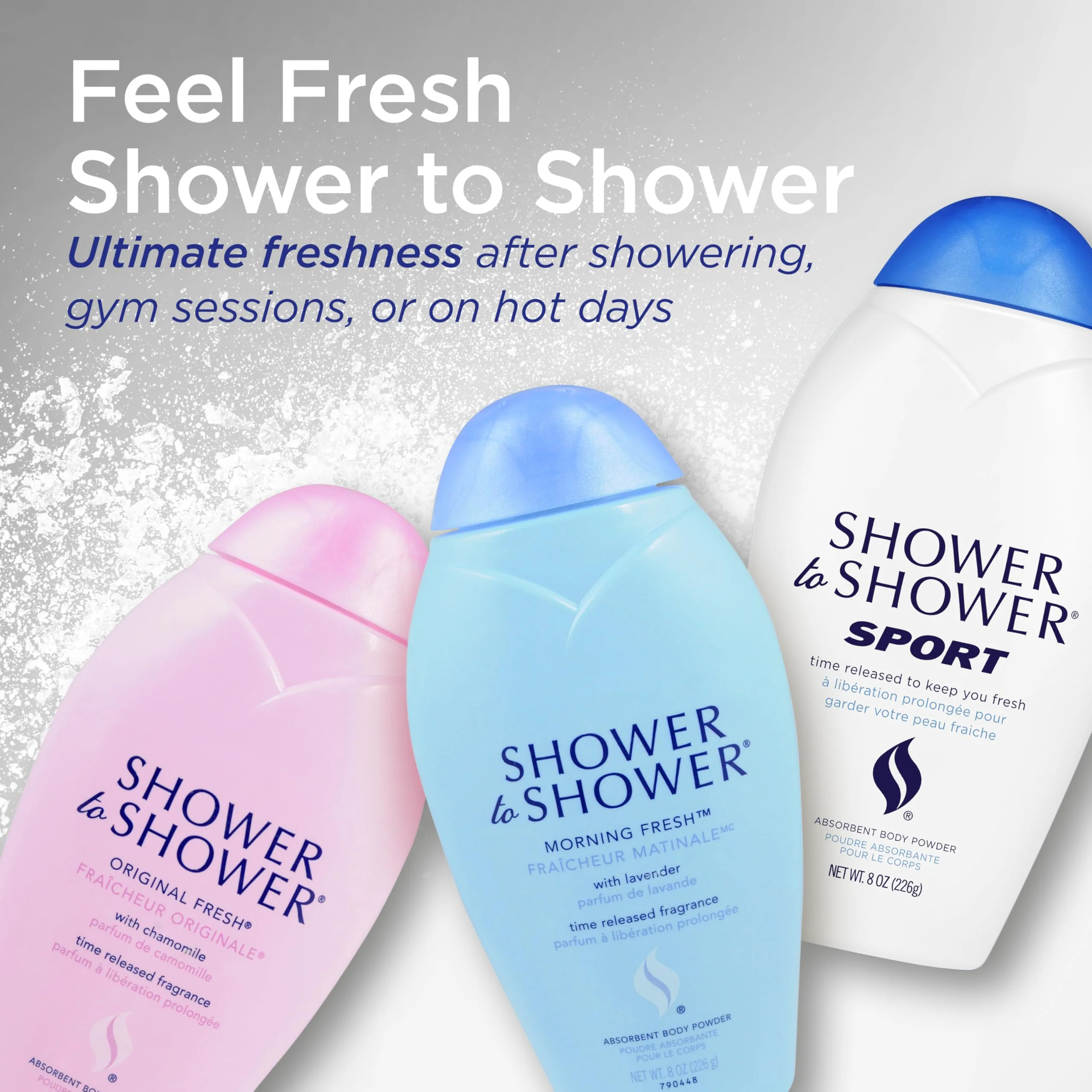 Shower to Shower Original Fresh Body Powder with Chamomile for Men & Women, Talc Free, Sweat Absorbing, Prevents Chafing & Odor, 8 OZ (3 Pack) - Image 2