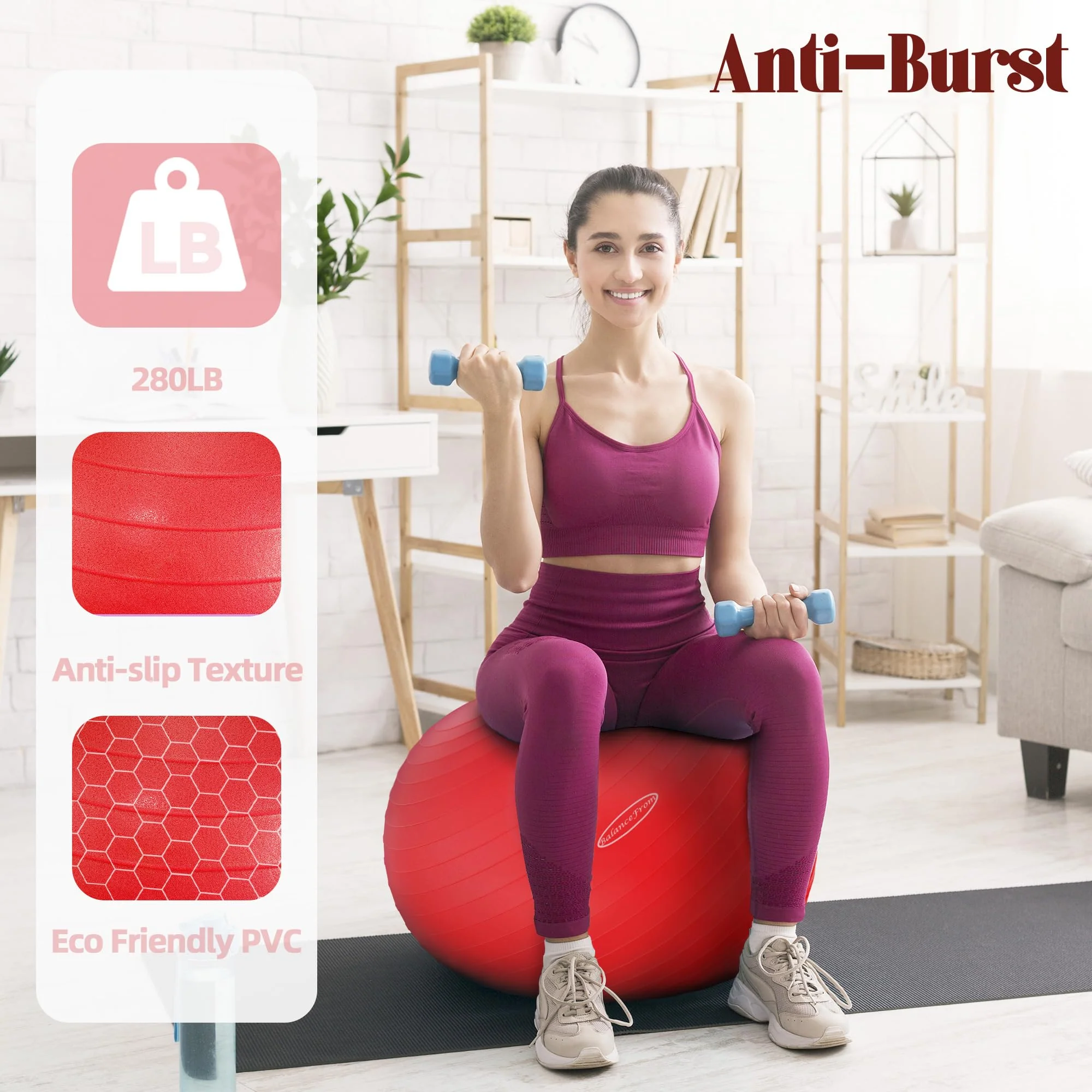Signature Fitness Anti-Burst and Slip Resistant Exercise Ball Yoga Ball Fitness Ball Birthing Ball with Quick Pump, 2,000-Pound Capacity, Red, 22-inch, M - Image 5