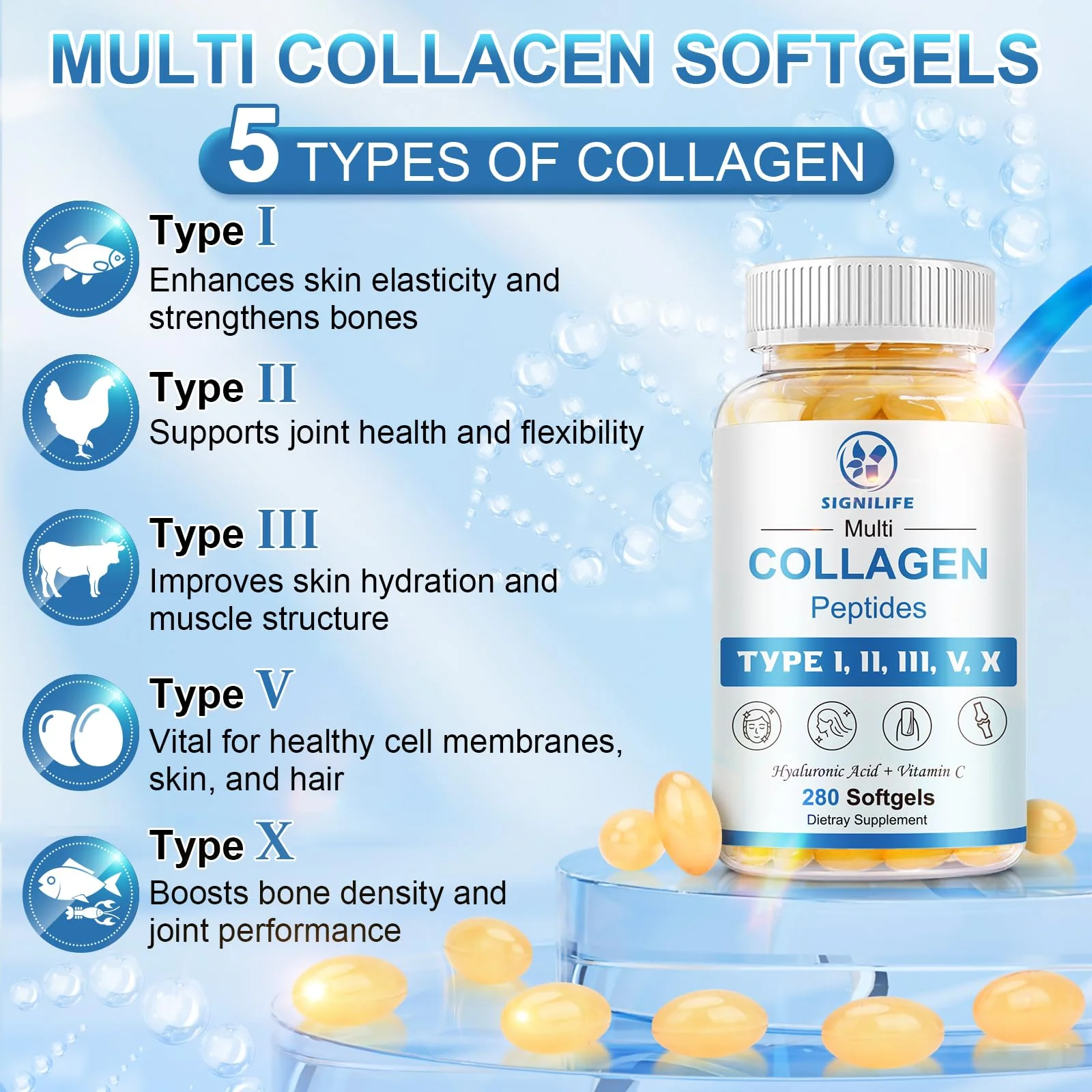 SIGNILIFE Multi Collagen Peptides for Women & Men, Hydrolyzed Collagen Peptides-Type I, II, III, V, X - with Hyaluronic Acid,Vitamin C,Biotin,Supports Skin Hair Nail, Non-GMO, 280 Softgels - Image 4