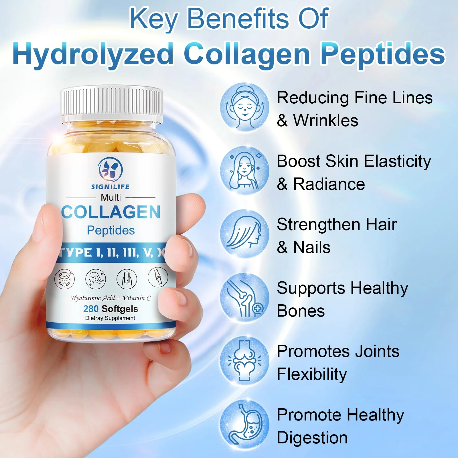 SIGNILIFE Multi Collagen Peptides for Women & Men, Hydrolyzed Collagen Peptides-Type I, II, III, V, X - with Hyaluronic Acid,Vitamin C,Biotin,Supports Skin Hair Nail, Non-GMO,840 Softgels - Image 3