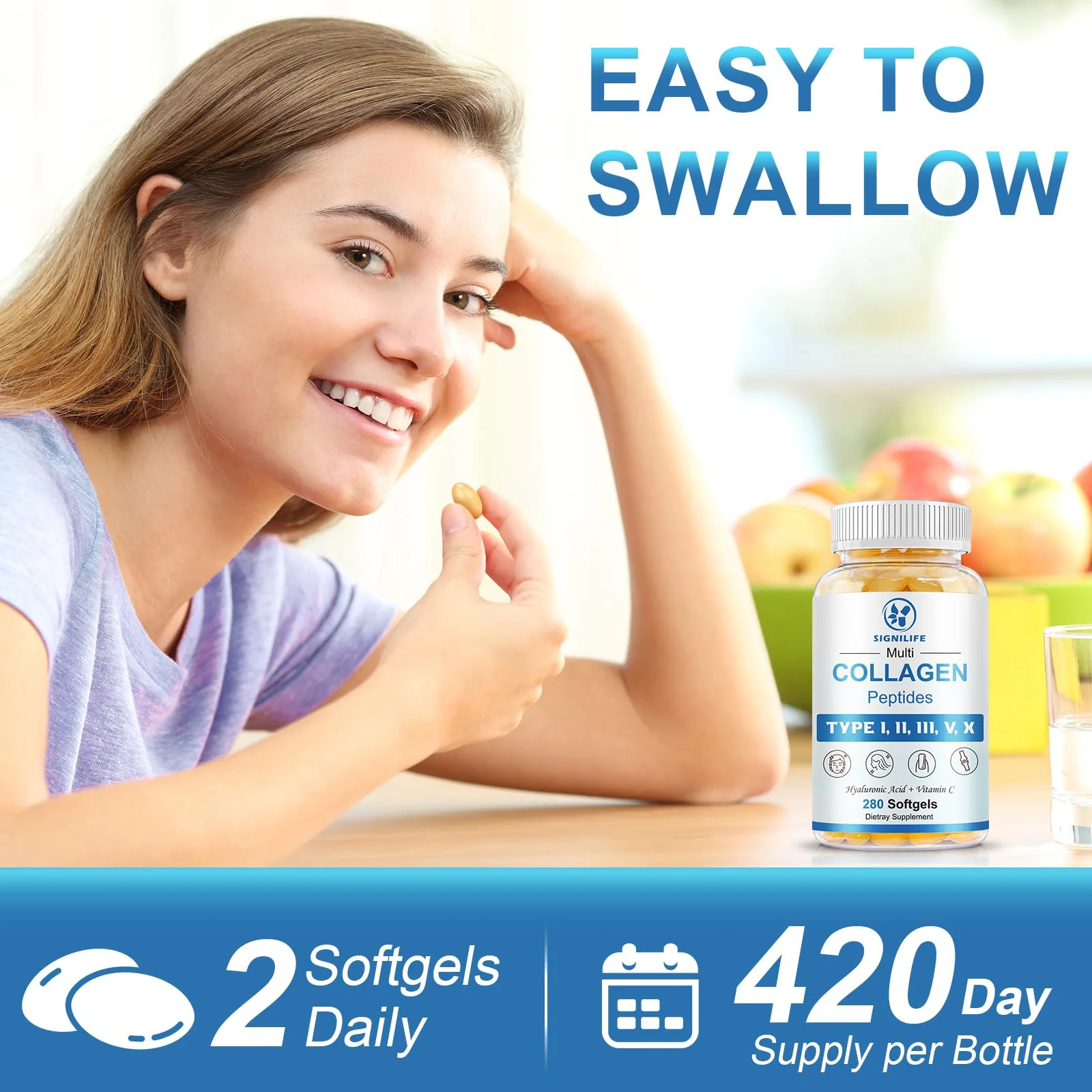 SIGNILIFE Multi Collagen Peptides for Women & Men, Hydrolyzed Collagen Peptides-Type I, II, III, V, X - with Hyaluronic Acid,Vitamin C,Biotin,Supports Skin Hair Nail, Non-GMO,840 Softgels - Image 7