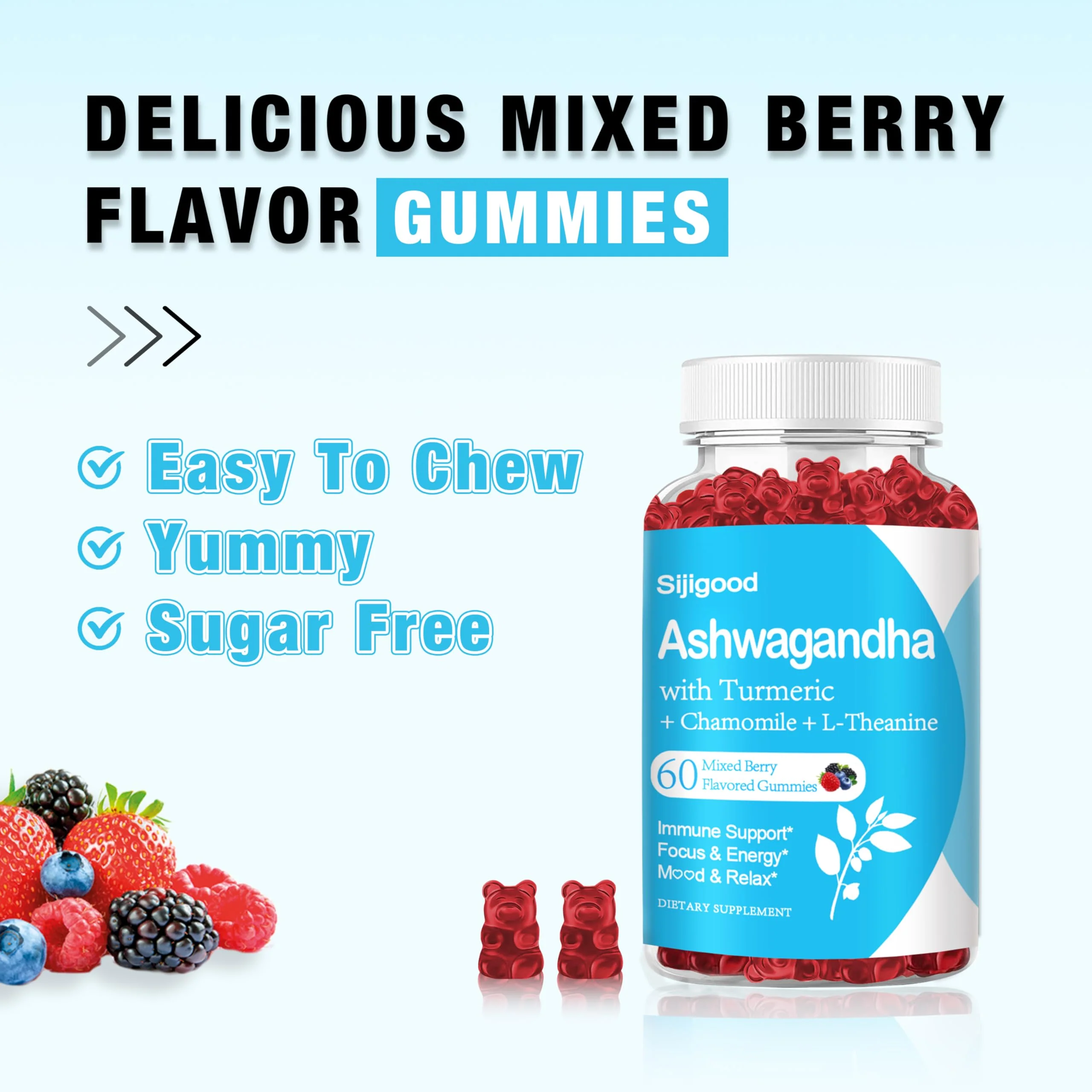 Sijigood 2 Pack Ashwagandha Gummies with L-theanine, Ashwa Root Supplement Gummy for Women Men, 120 Mixed Berry Flavored Gummies - Image 3