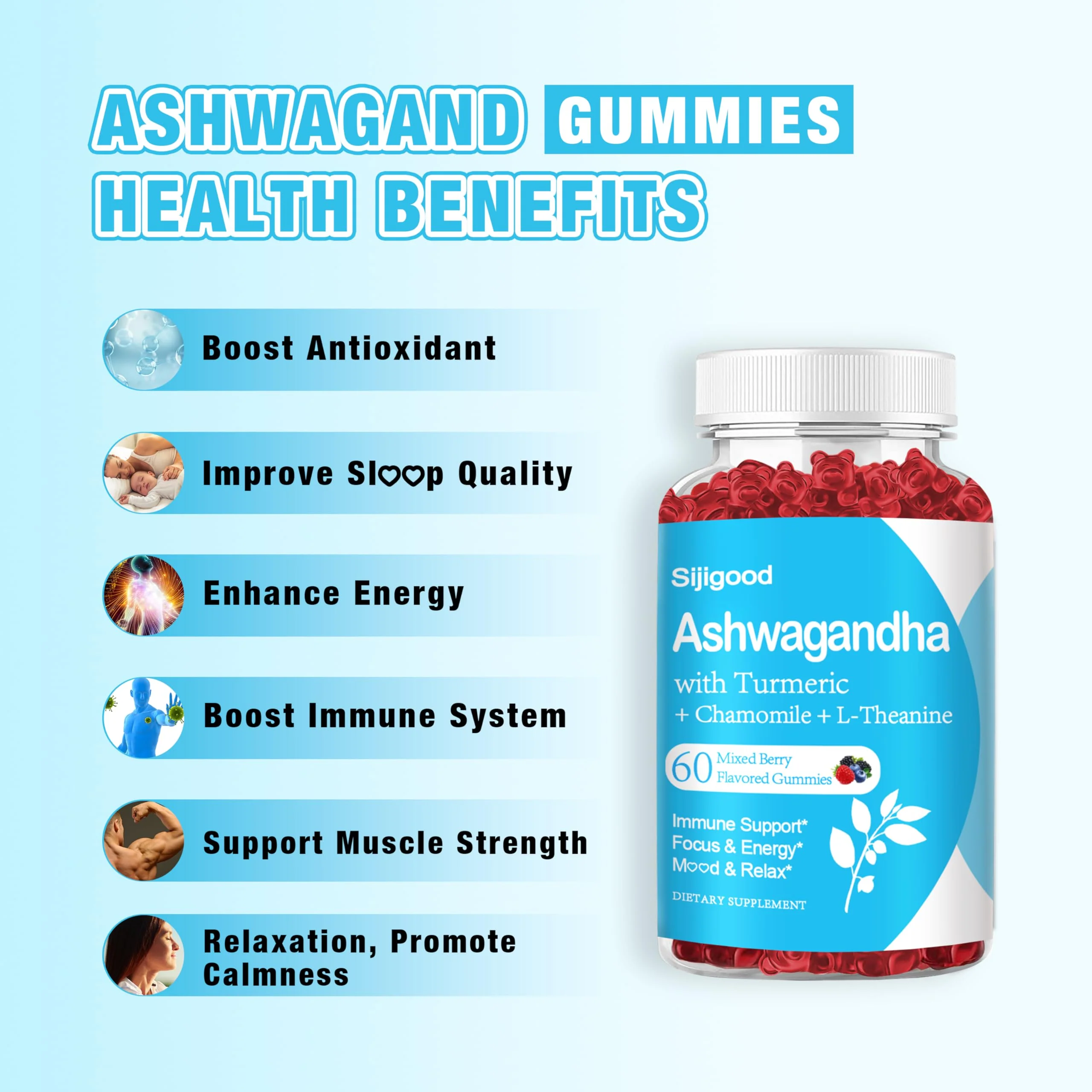 Sijigood 2 Pack Ashwagandha Gummies with L-theanine, Ashwa Root Supplement Gummy for Women Men, 120 Mixed Berry Flavored Gummies - Image 6