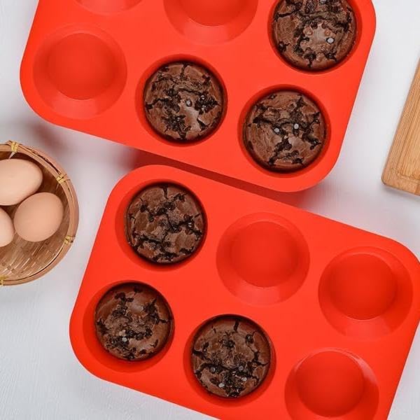 Silicone Jumbo Muffin Pan, 3.5 Inch Silicone Texas Muffin Pan 6 Cup Large Cupcake Pan Nonstick BPA Free 2 Pack Red - Image 5